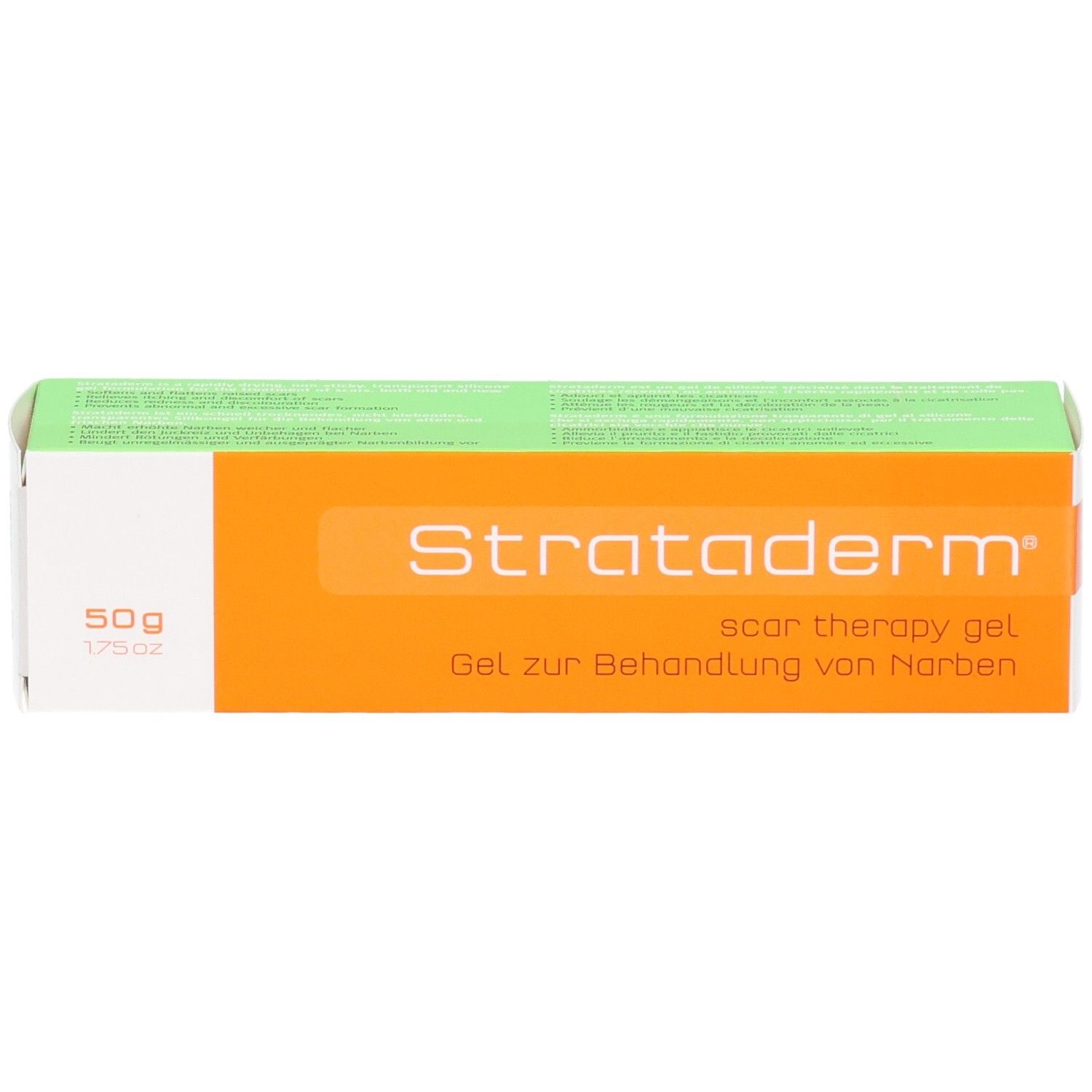 Strataderm scar therapy gel, 50g Verpackung. Gel zur Behandlung von Narben.