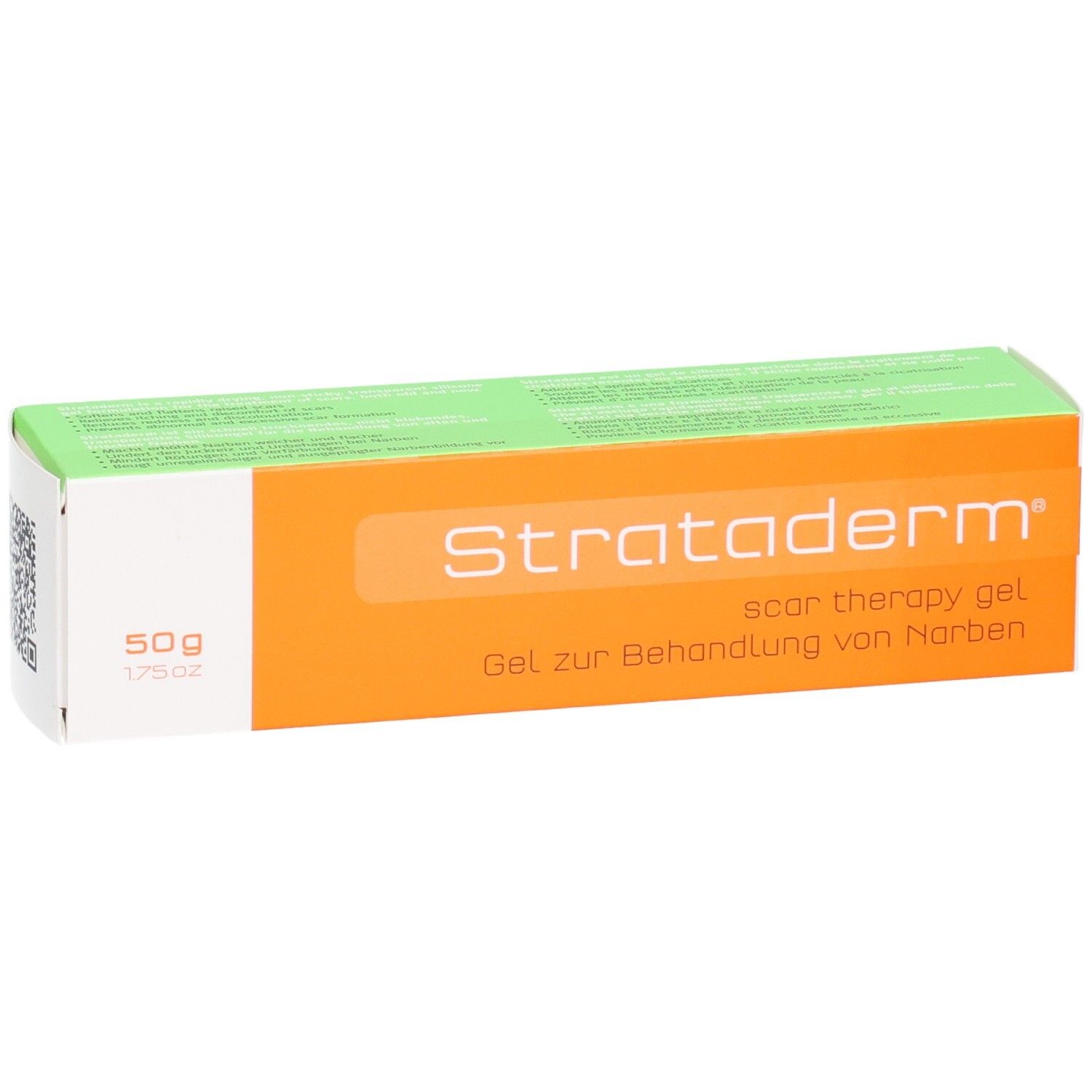 Strataderm scar therapy gel, 50g Verpackung. Gel zur Behandlung von Narben.