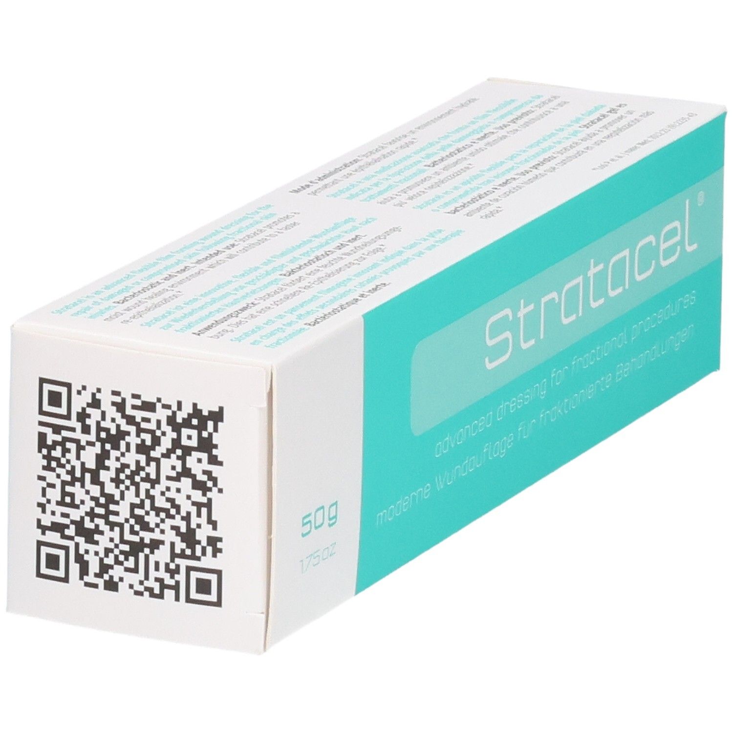 Stratacel Verpackung mit QR-Code, 50g. Moderne Wundauflage für fraktionierte Behandlungen.