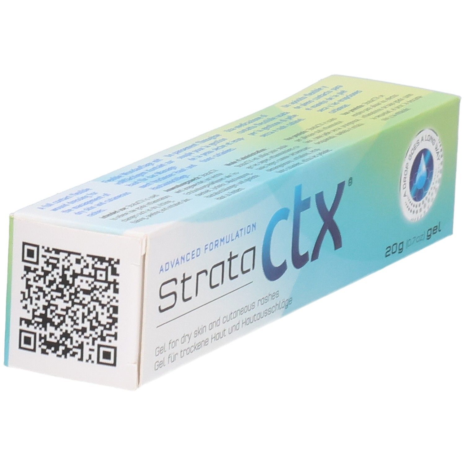Strata ctx Gel 20g Verpackung, Seite mit QR-Code und Text.