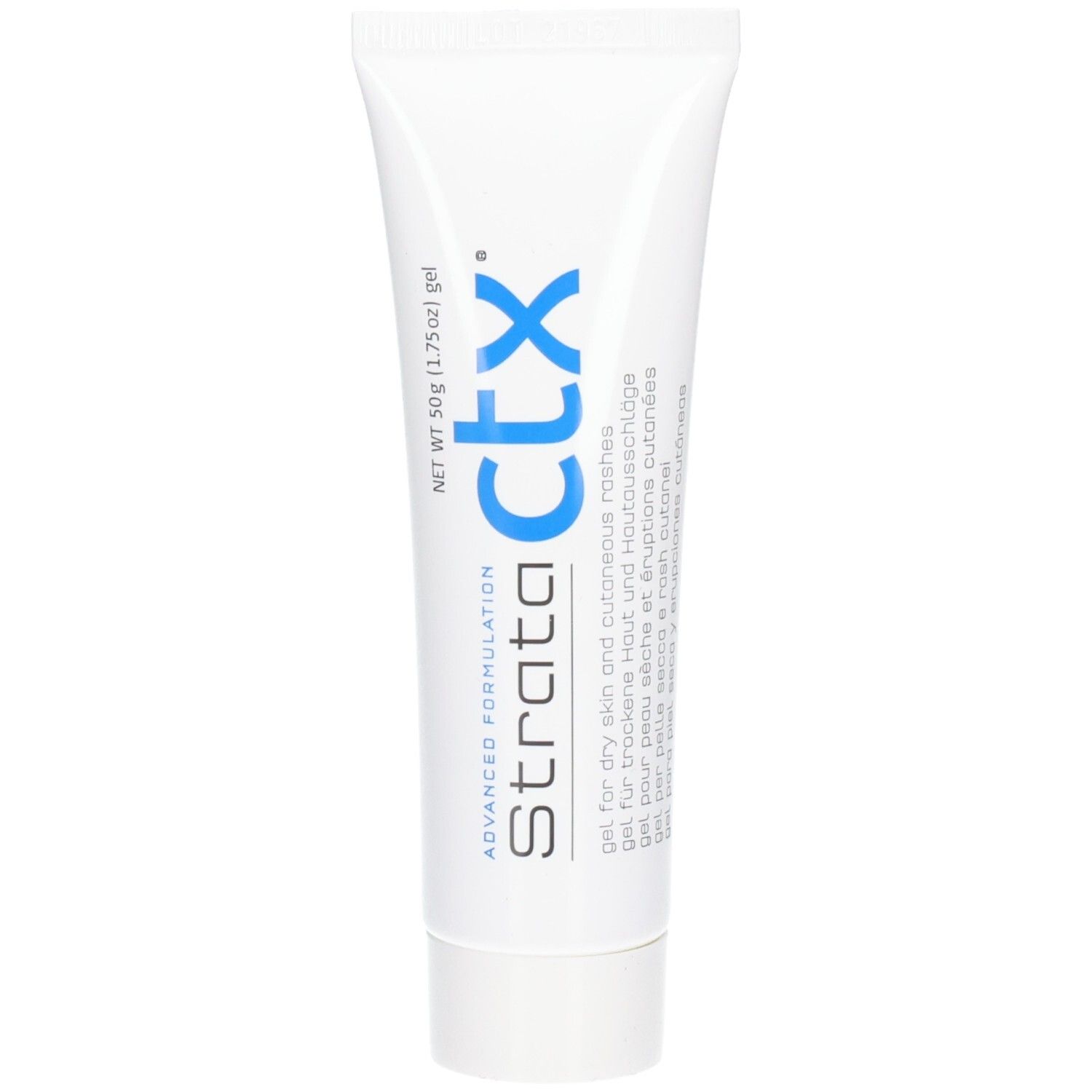 Weiße Tube mit blauem Schriftzug 'strata ctx', 50g Gel.