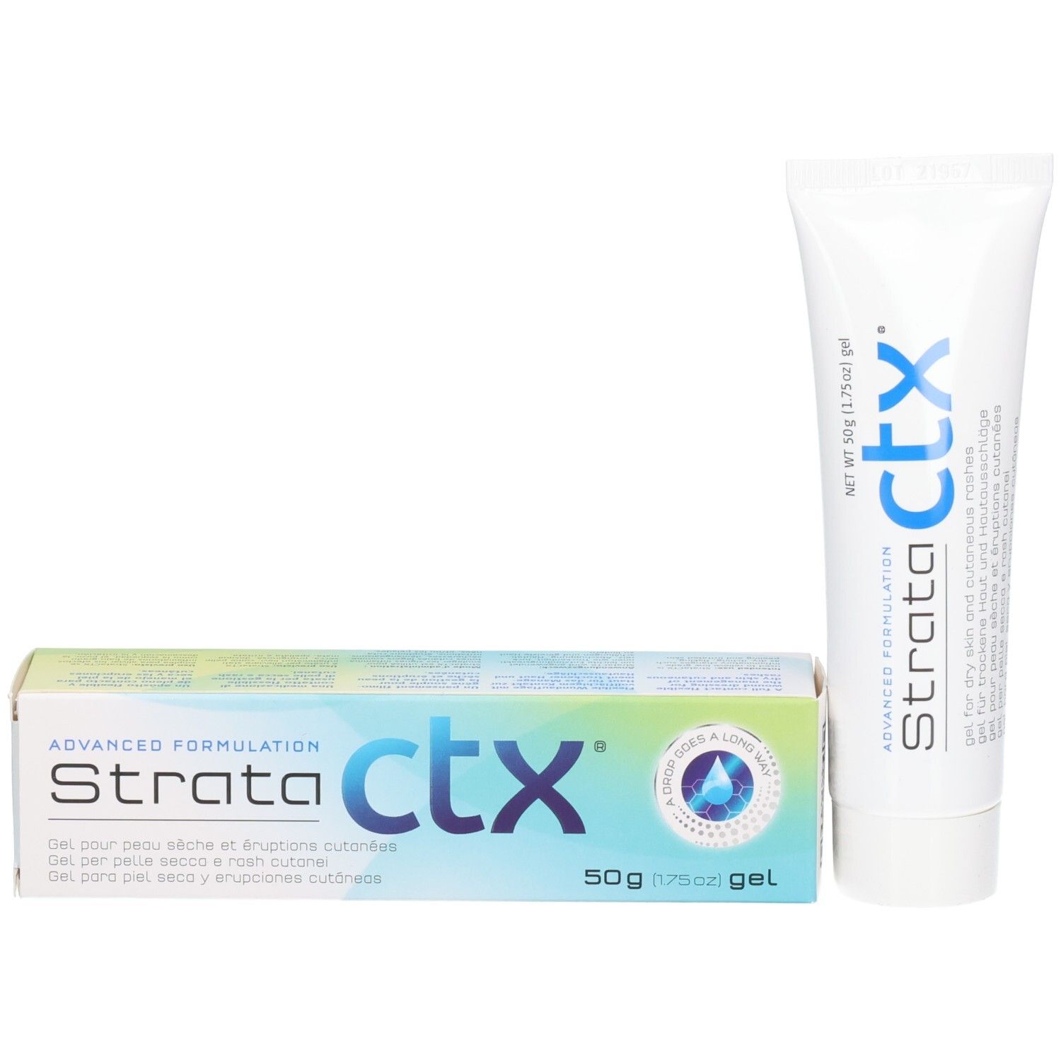 Tube und Kartonverpackung des STRATA CTX Gels, 50g.