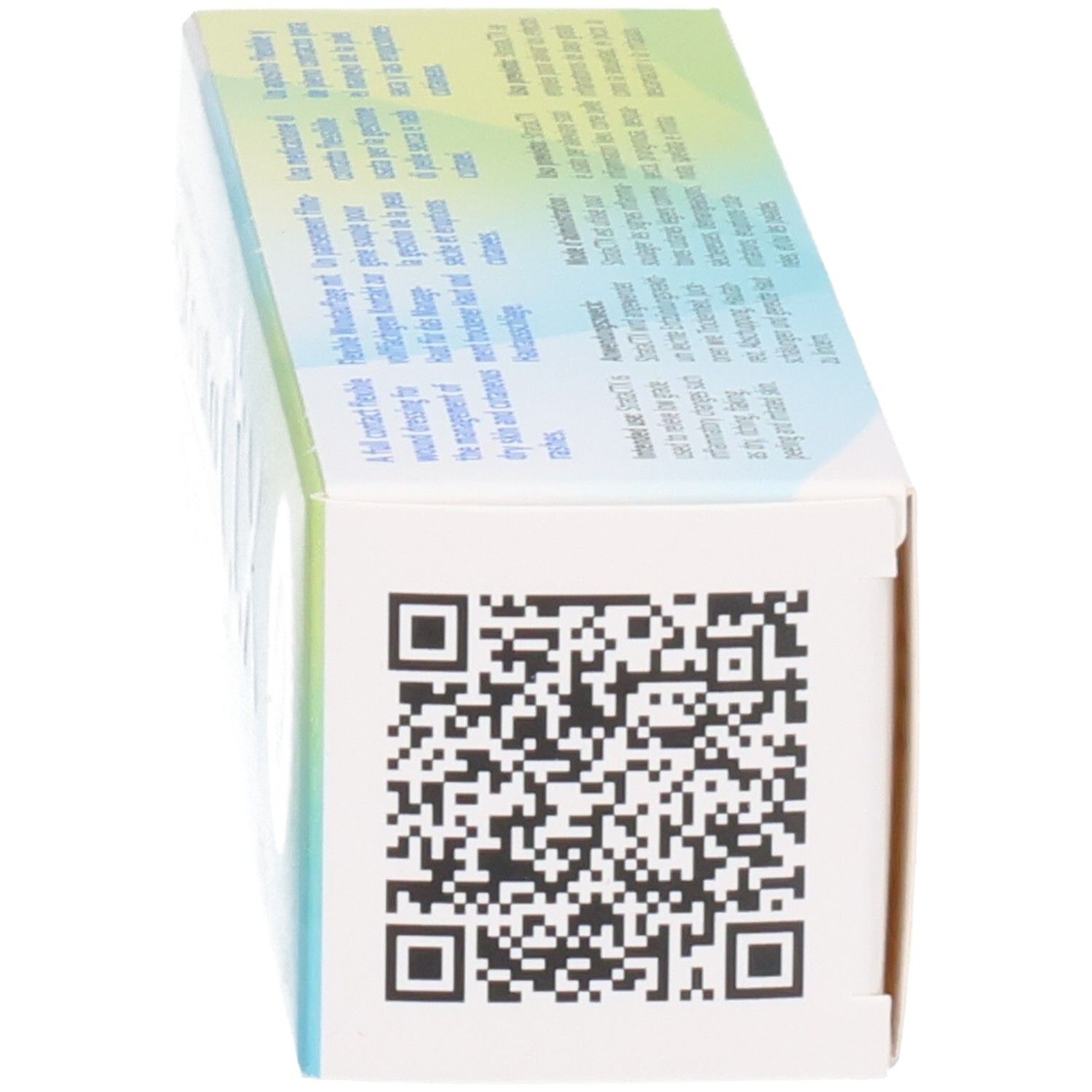 Seitenansicht der Kartonverpackung mit QR-Code und Text.