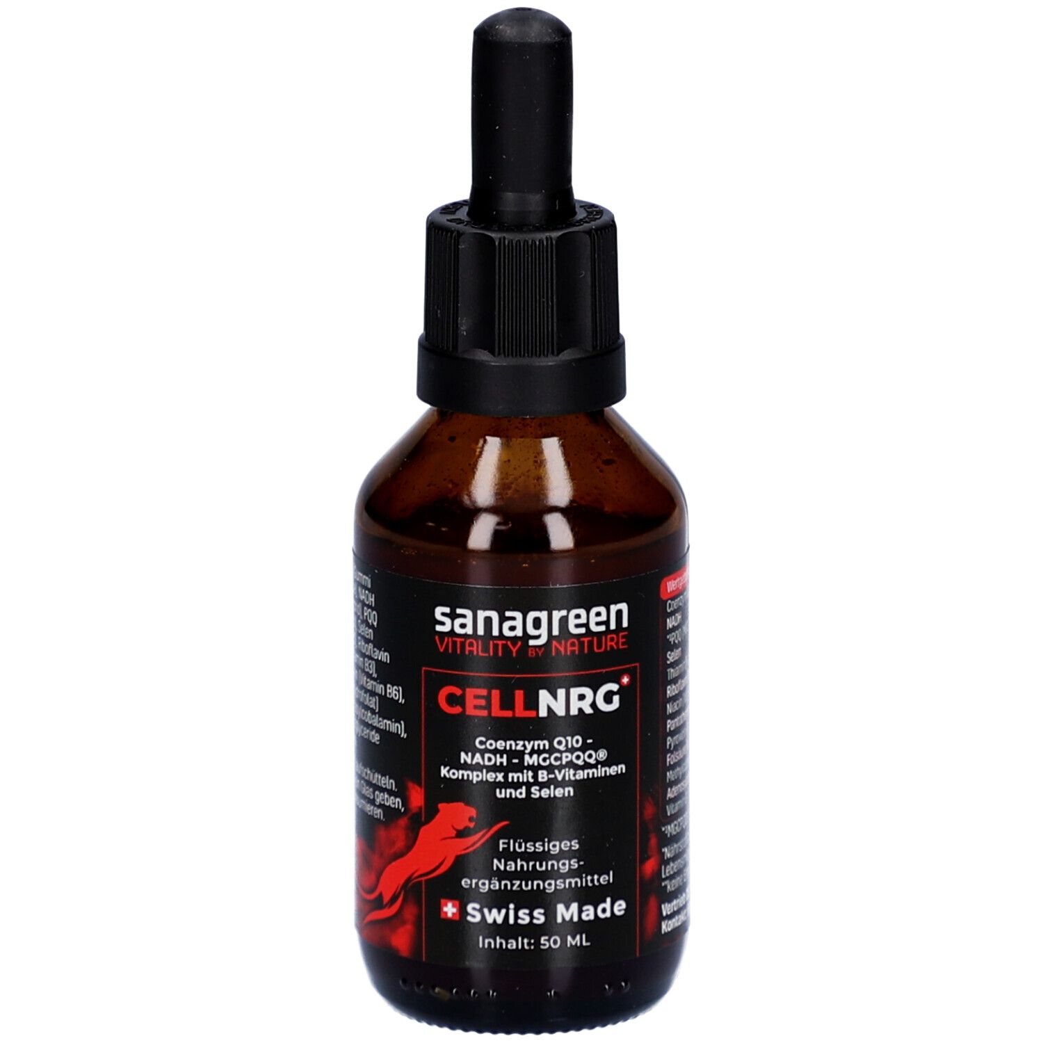 Flacon en verre brun avec bouchon noir et pipette. Étiquette avec informations produit. Swiss Made.