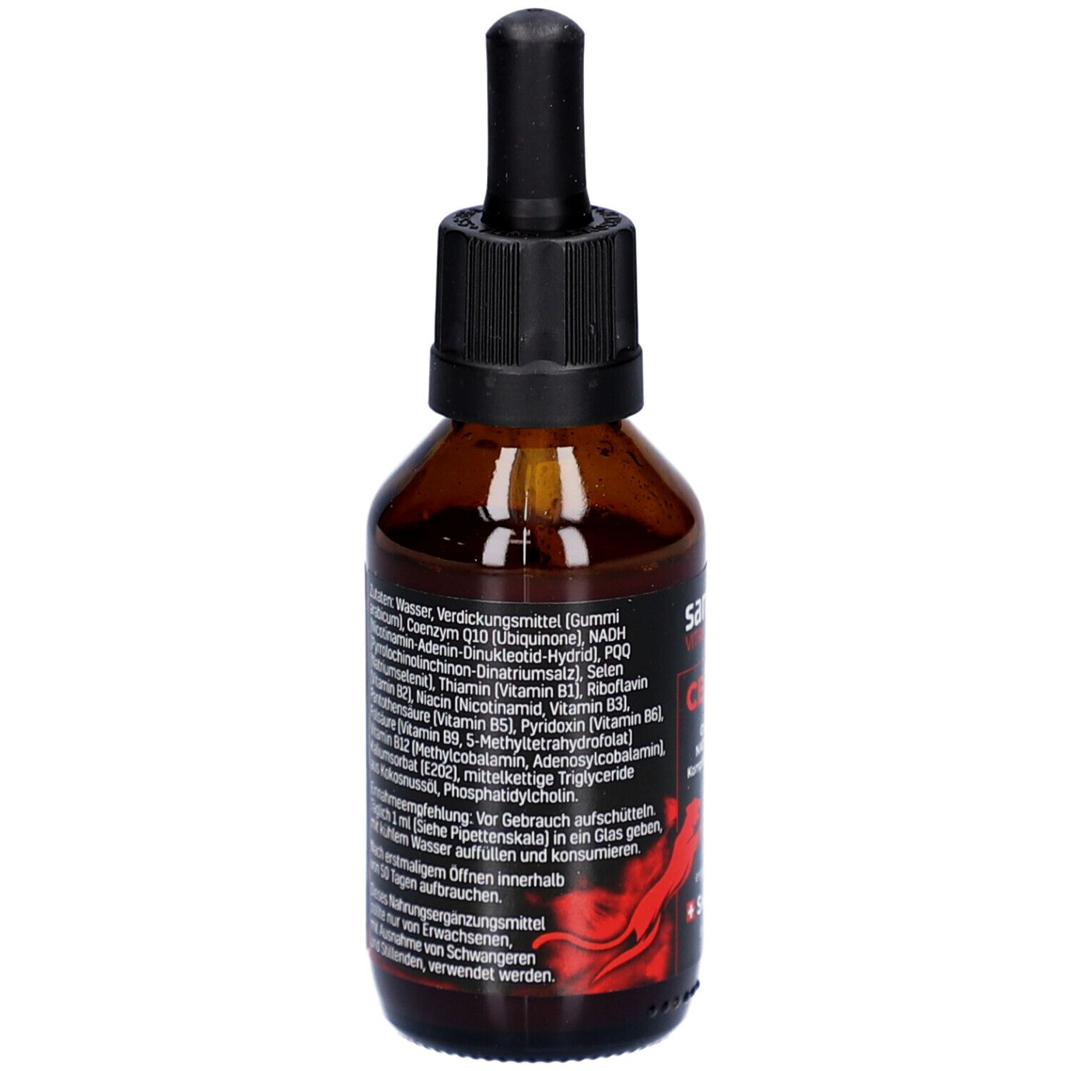 Flacon en verre brun avec bouchon noir et pipette. Étiquette avec ingrédients et informations produit.