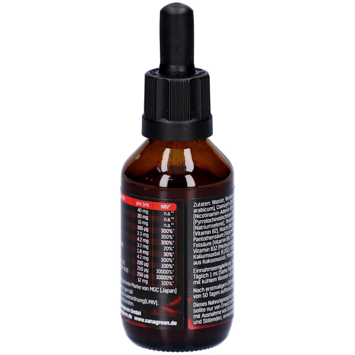 Flacon en verre brun avec bouchon noir et pipette. Étiquette avec informations nutritionnelles et produit.