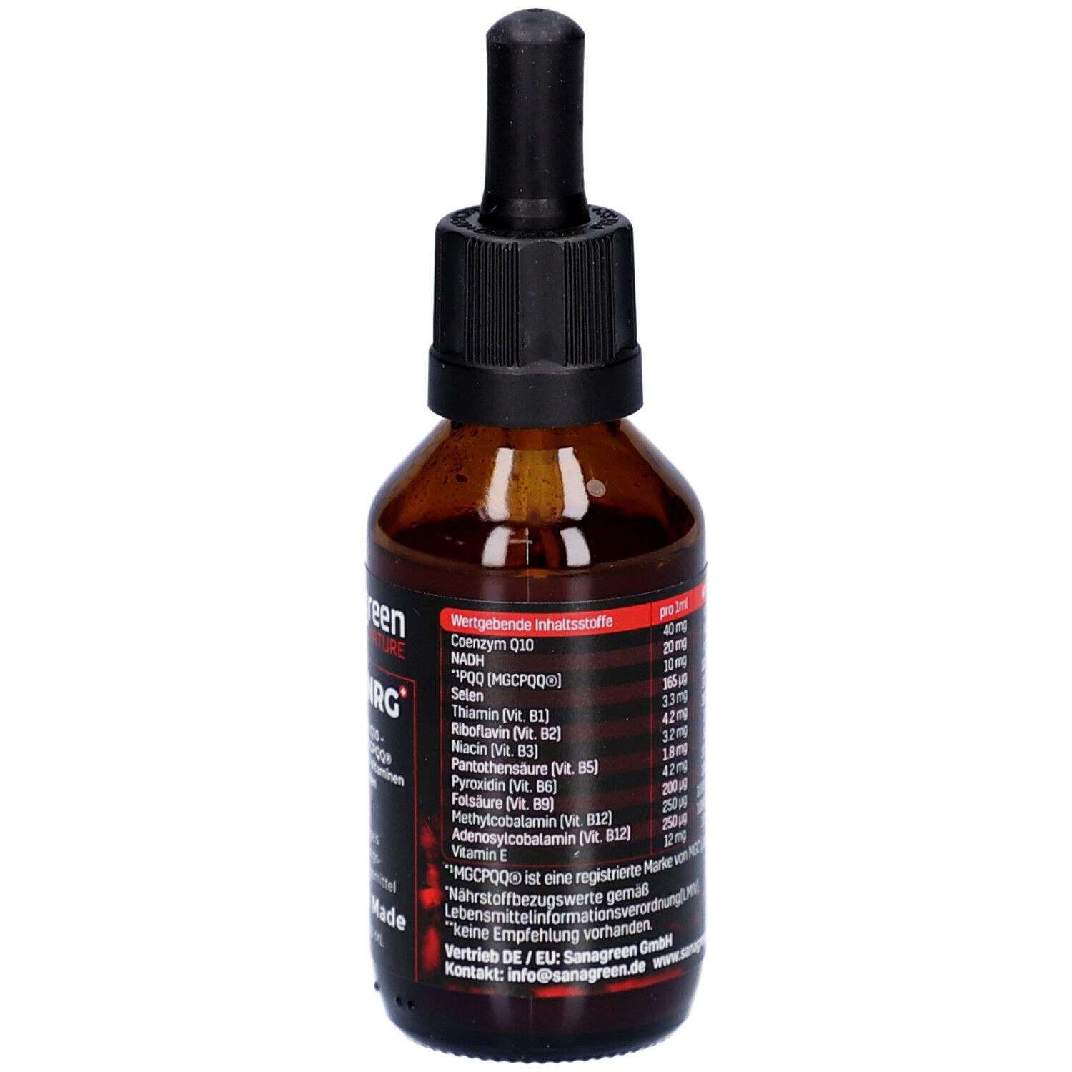 Flacon en verre brun avec bouchon noir et pipette. Étiquette avec ingrédients et informations produit.