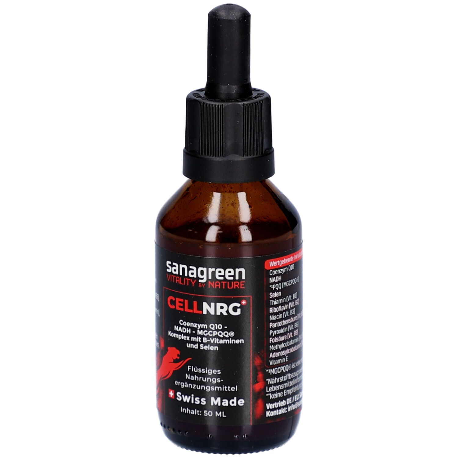 Flacon en verre brun avec bouchon noir et pipette. Étiquette avec nom du produit, ingrédients et Swiss Made.