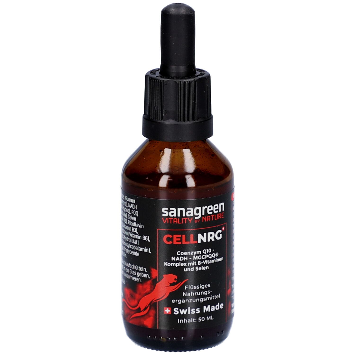 Flacon en verre brun avec bouchon noir et pipette. Étiquette avec nom du produit, ingrédients et Swiss Made.