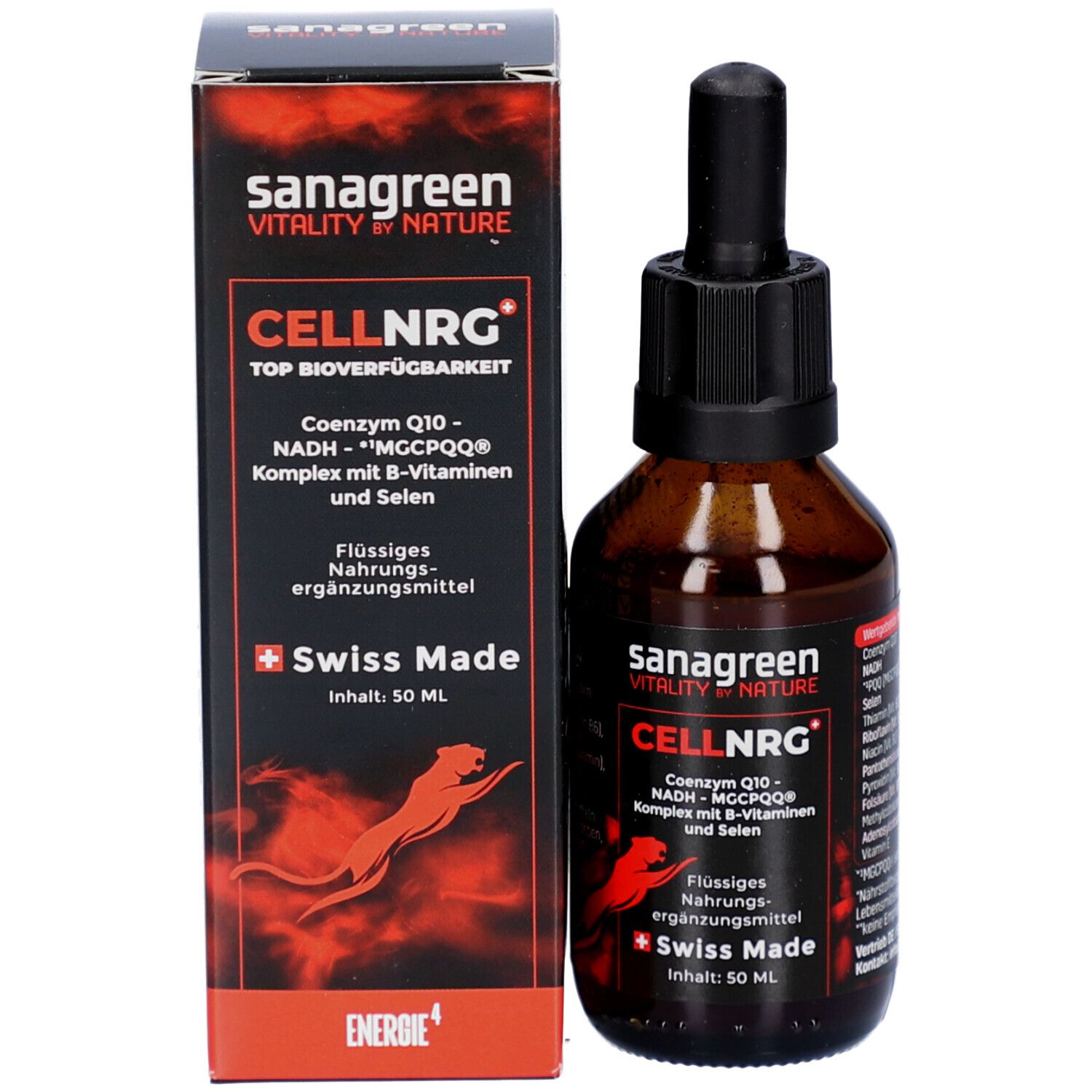 Flacon de produit avec emballage. Flacon brun avec bouchon noir et pipette. Emballage noir.