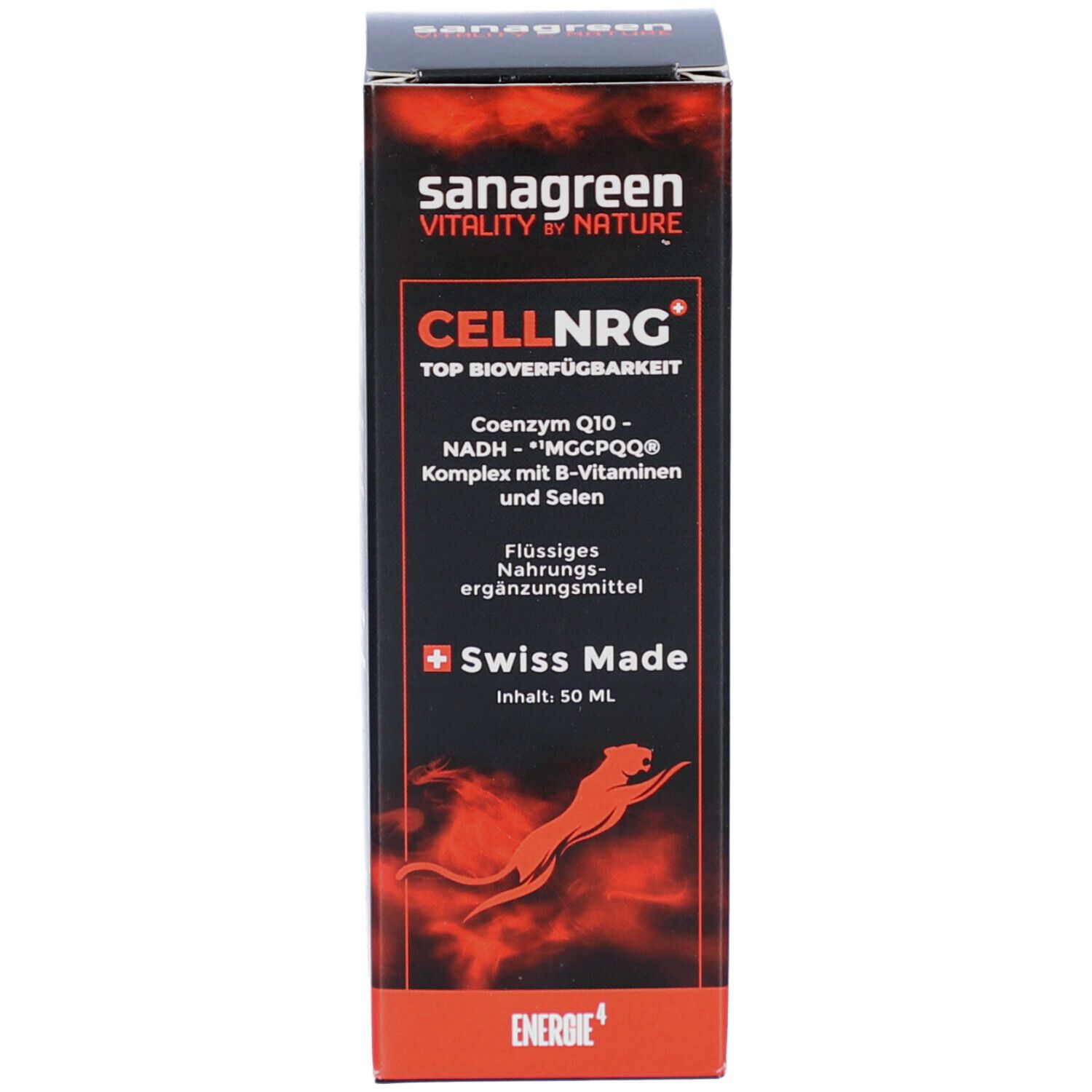 Emballage produit noir avec nom du produit, ingrédients et Swiss Made. Avec logo rouge.