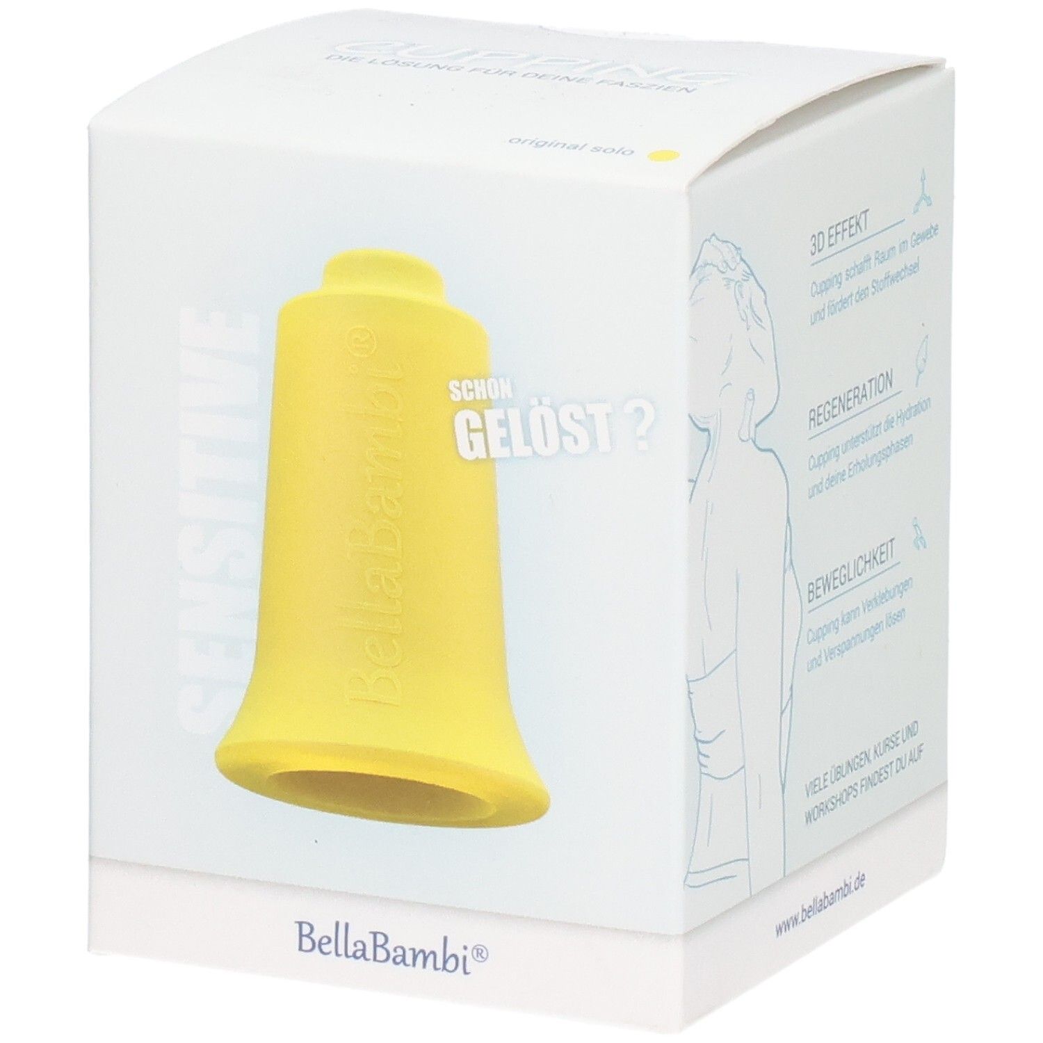 Gelber Schröpfkopf in Verpackung. Aufschrift: Bella Bambi, Sensitive. Box mit Produktabbildung und Text.