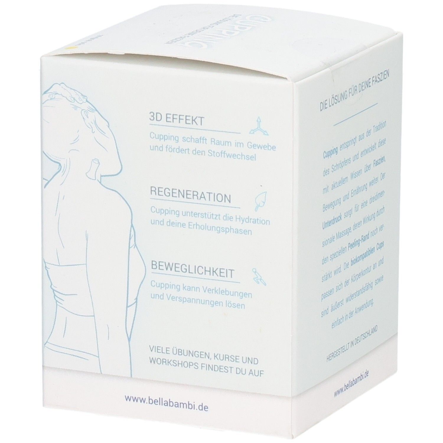 Verpackung mit Text. Aufschrift: Die Lösung für deine Faszien. Illustrationen zu 3D-Effekt, Regeneration, Beweglichkeit.