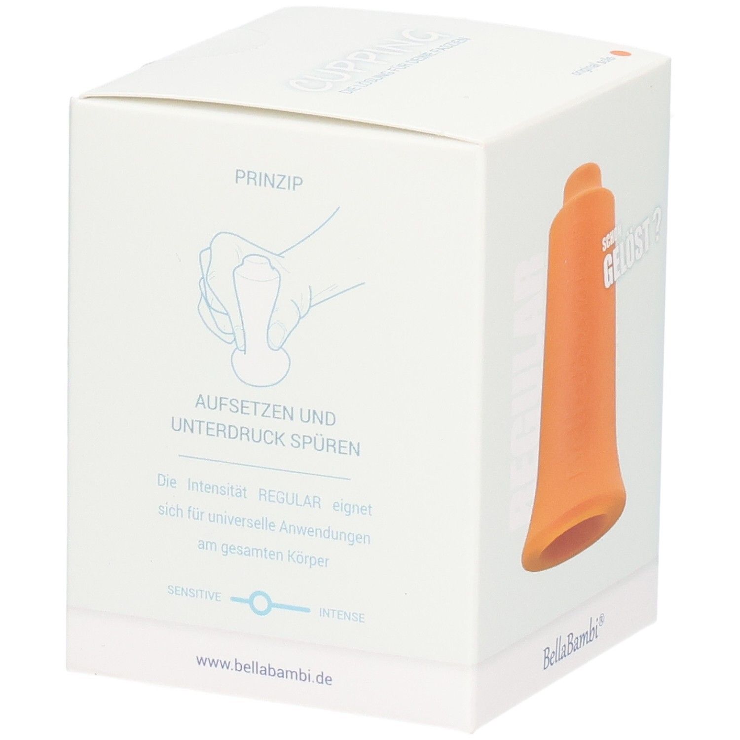 Emballage avec ventouse orange. Texte : Aufsetzen und Unterdruck spüren. Marque Bella Bambi.