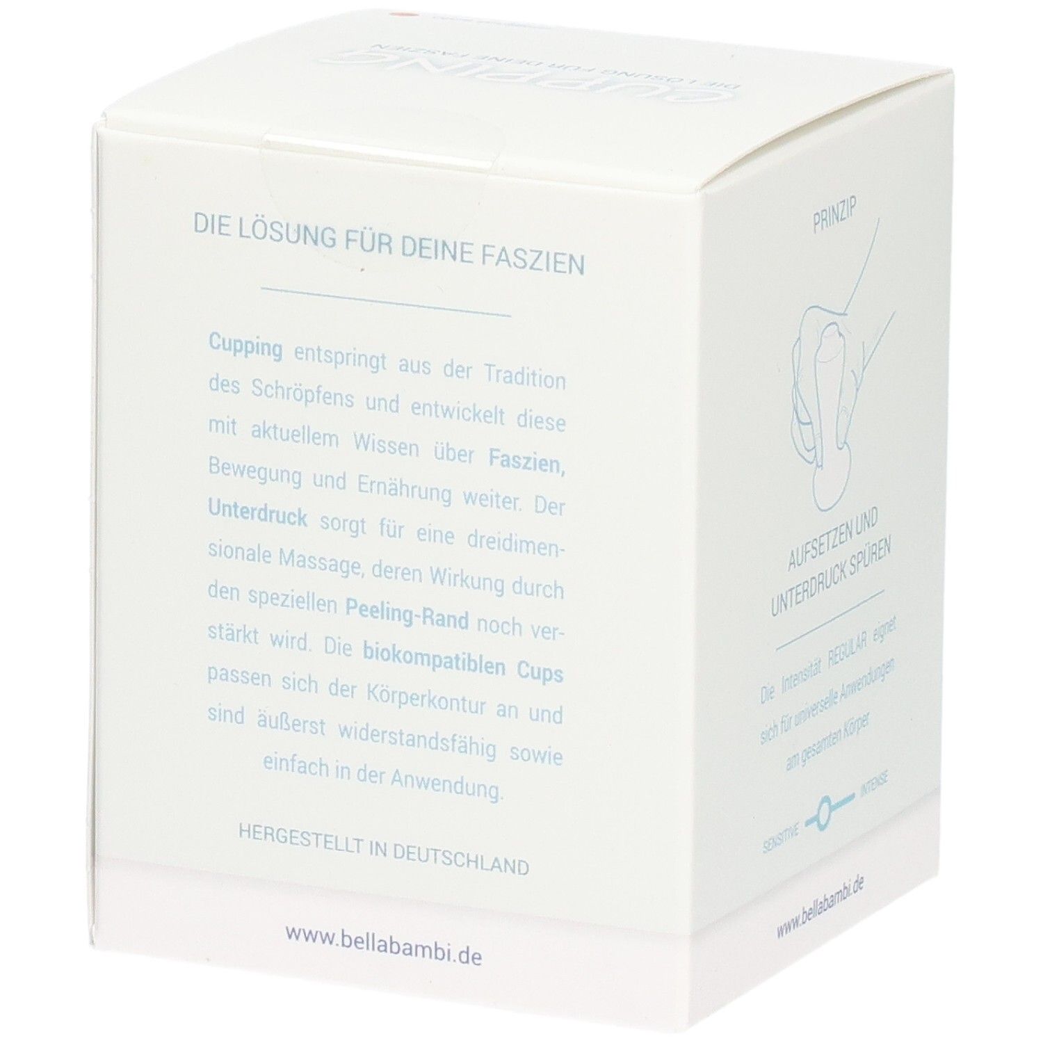 Emballage blanc avec texte : Die Lösung für deine Faszien. Marque Bella Bambi. Fabriqué en Allemagne.