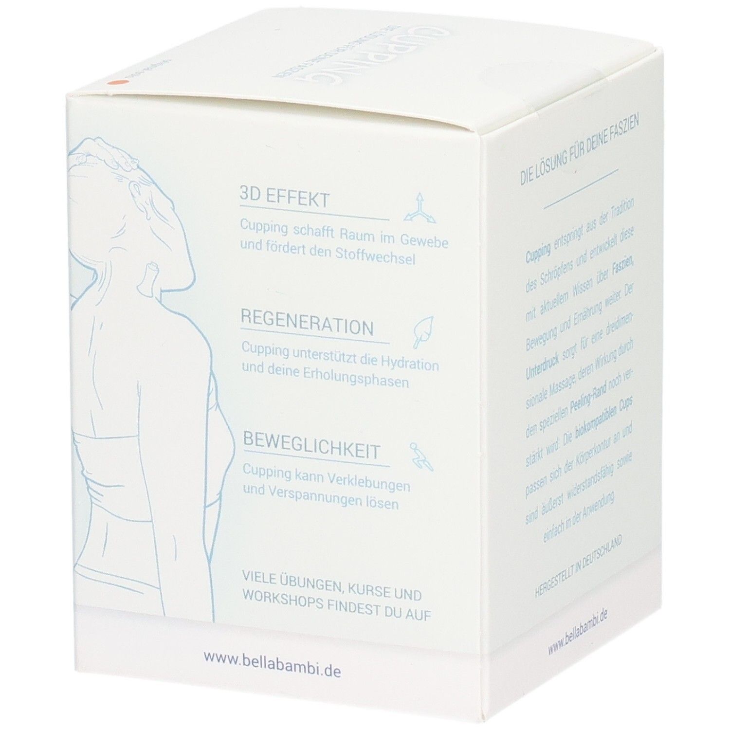 Emballage blanc avec texte sur l'effet 3D, la régénération, la mobilité. Marque Bella Bambi.