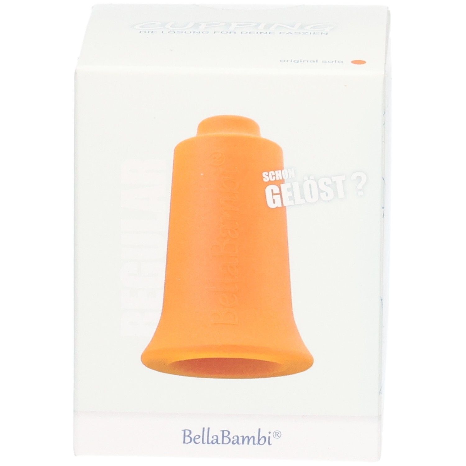 Ventouse orange dans un emballage blanc. Marque Bella Bambi. Texte : Schon gelöst ?
