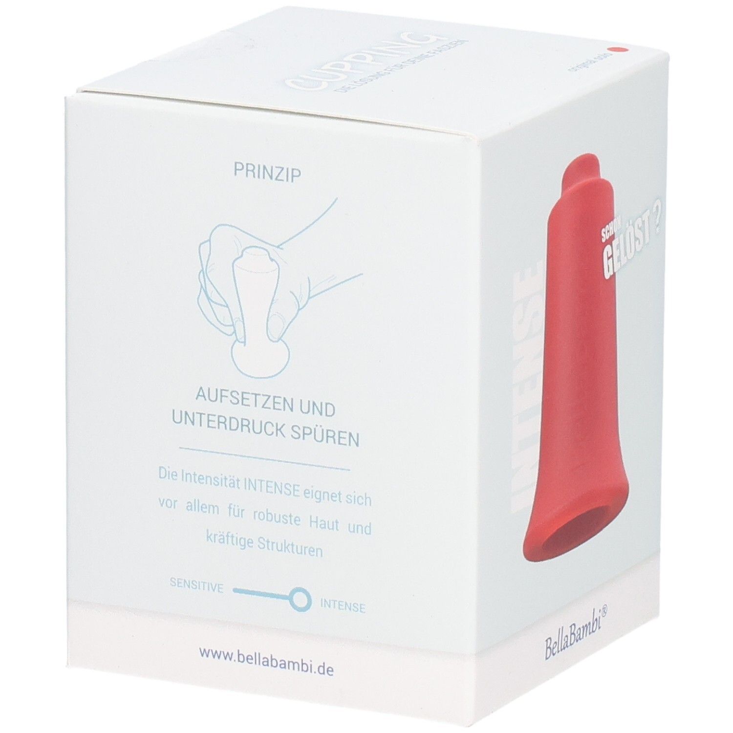 Roter Schröpfkopf in Verpackung. Box mit Produktabbildung und Text. Aufschrift: INTENSE. Marke BellaBambi®.