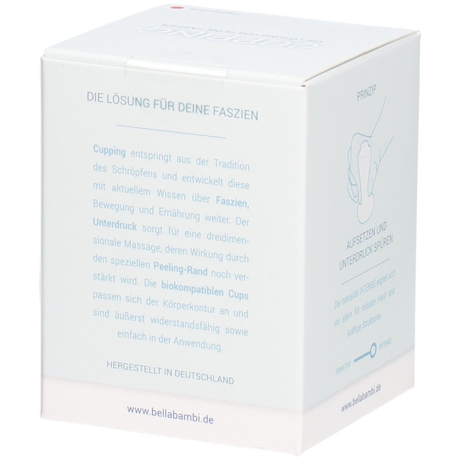 Verpackung mit Text. Produktname und Marke nicht sichtbar. Text: Die Lösung für deine Faszien. Hergestellt in Deutschland.