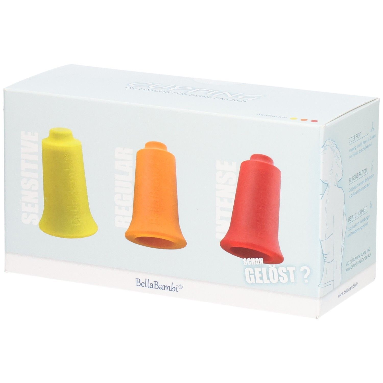 Verpackung mit drei Massage-Cups in Gelb, Orange und Rot. Aufschrift: BellaBambi. Farben: Sensitive, Regular, Intense.