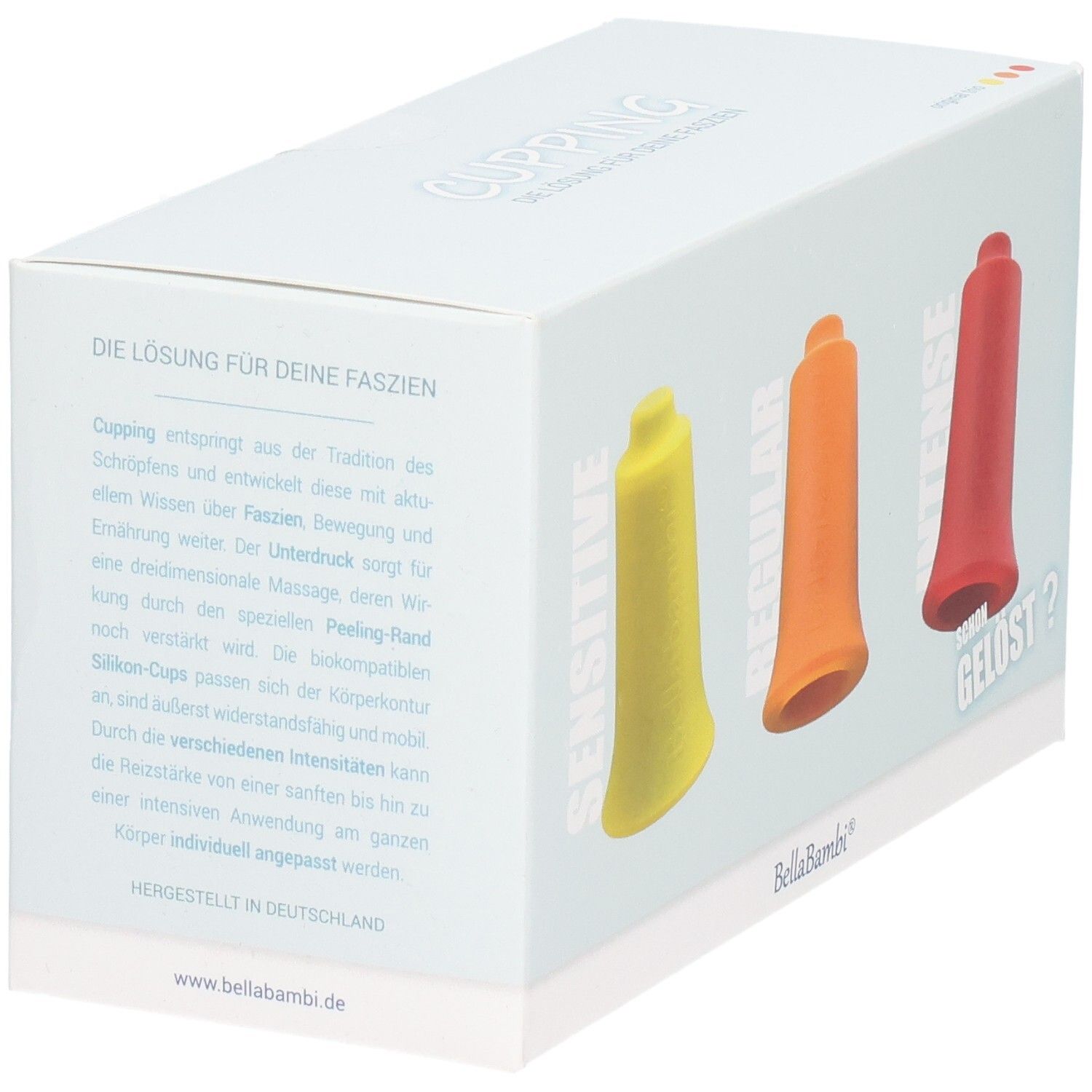 Verpackung mit drei Massage-Cups. Text: Die Lösung für deine Faszien. Cups in Gelb, Orange und Rot. Marke: BellaBambi. Text in Deutsch.