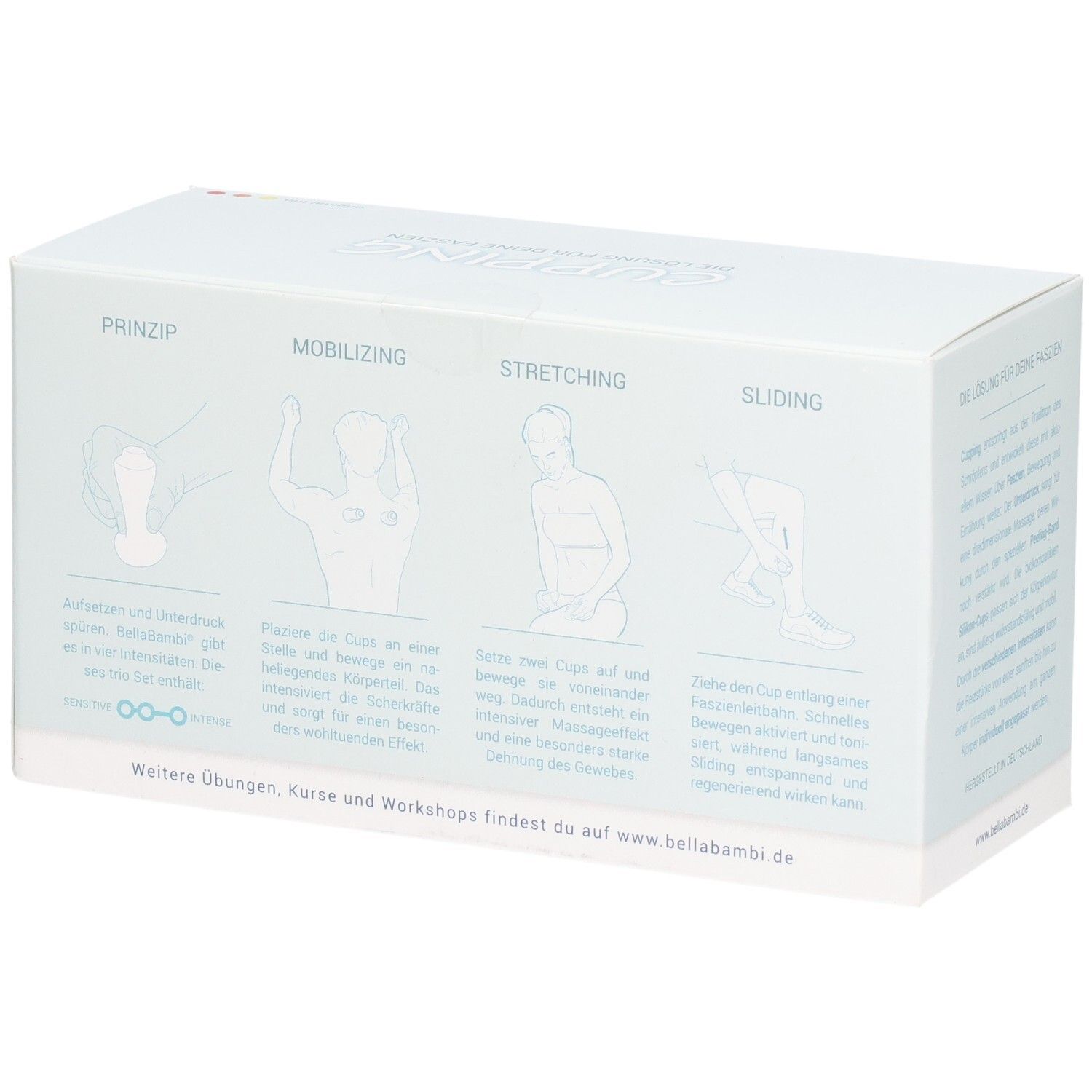 Rückseite der Verpackung mit schematischen Darstellungen. Text: Prinzip, Mobilizing, Stretching, Sliding. Marke: BellaBambi. Text in Deutsch.