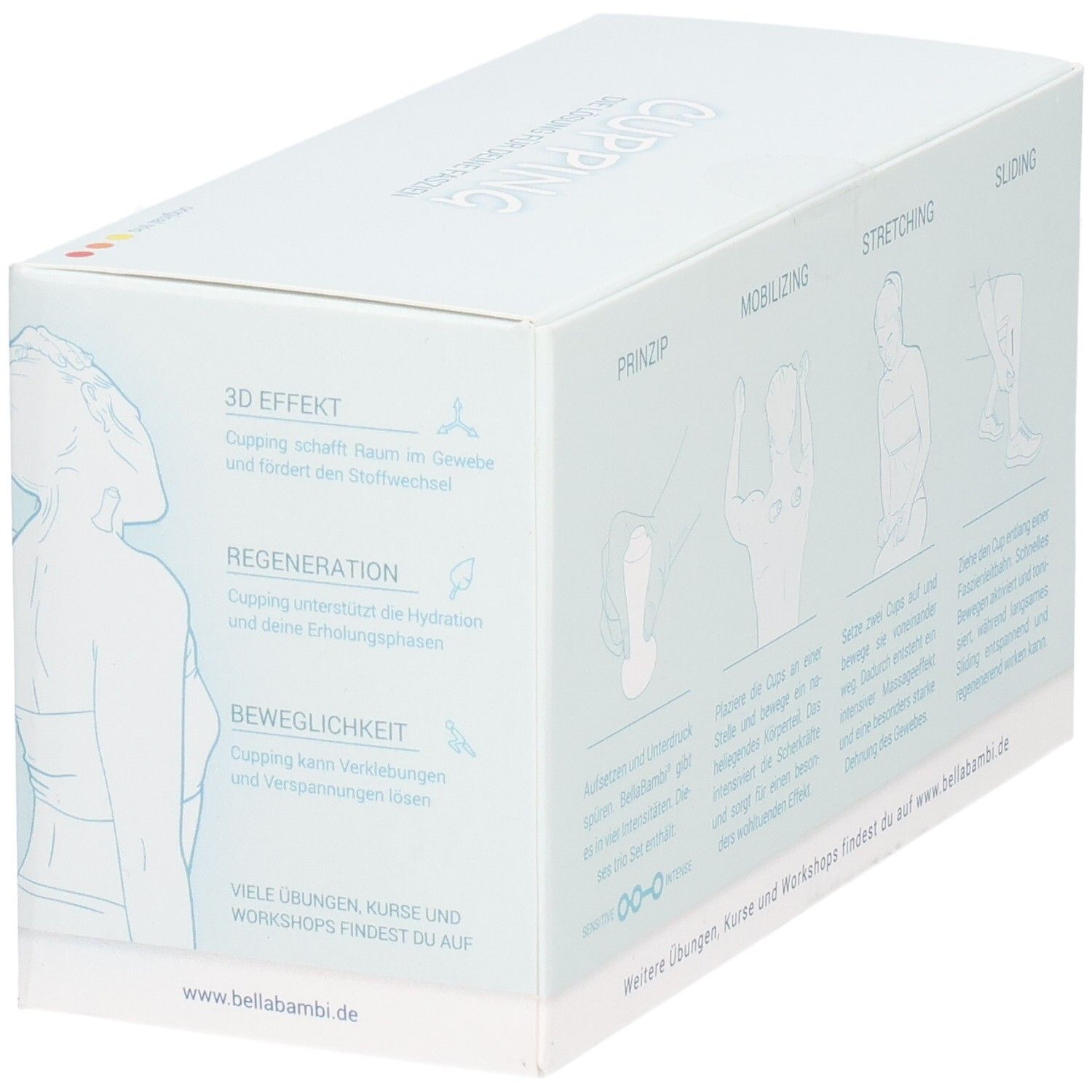 Rückseite der Verpackung mit schematischen Darstellungen. Text: 3D Effekt, Regeneration, Beweglichkeit. Marke: BellaBambi. Text in Deutsch.