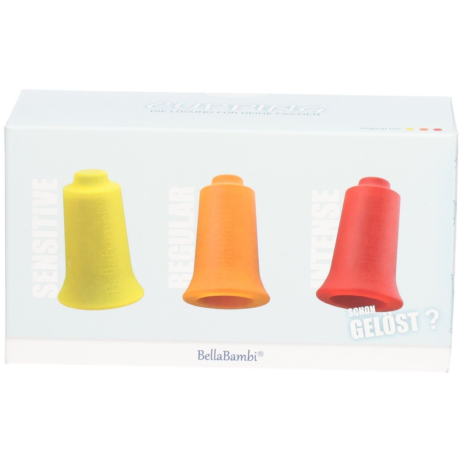 Verpackung mit drei Massage-Cups in Gelb, Orange und Rot. Aufschrift: Sensitive, Regular, Intense. Marke: BellaBambi. Text in Deutsch.