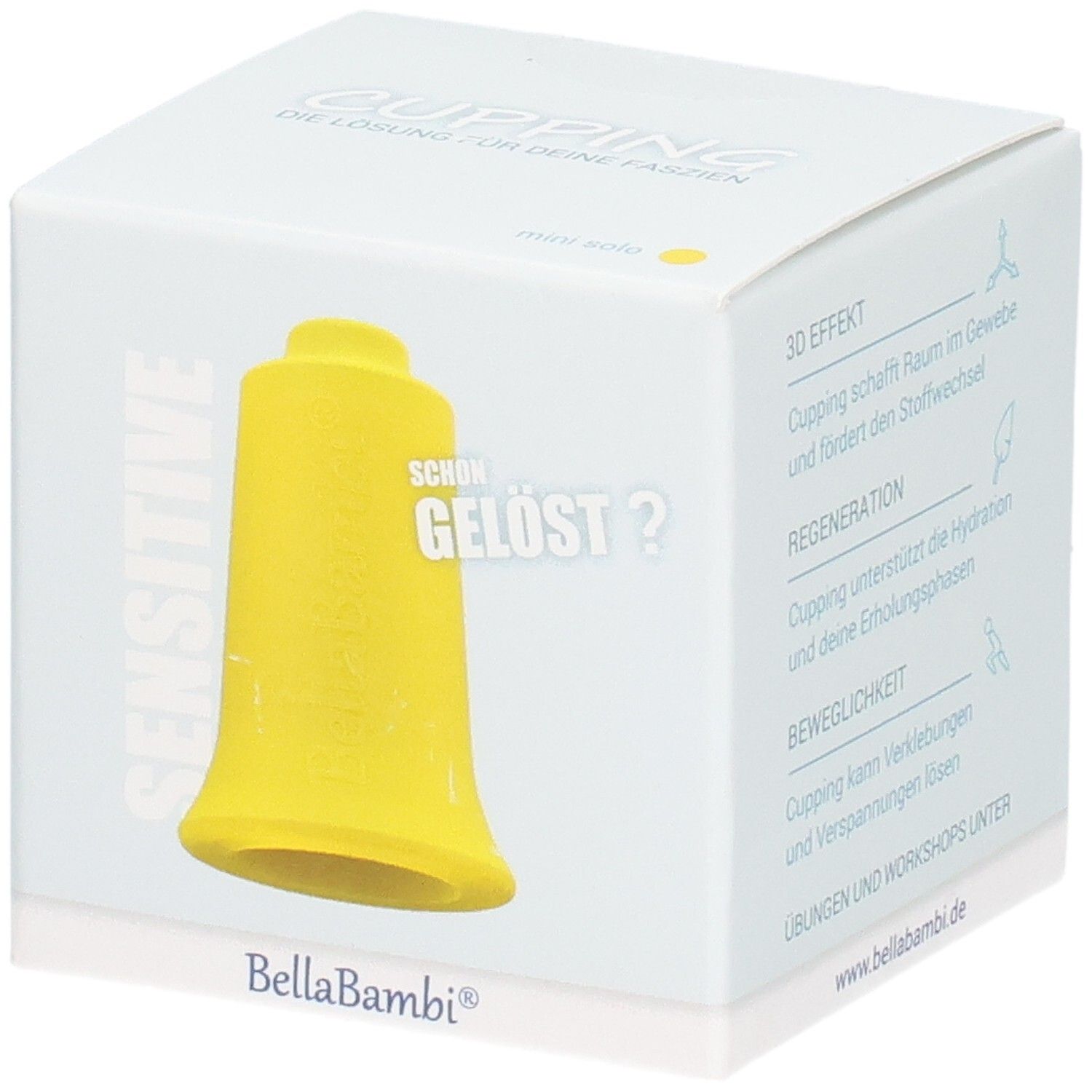 Ventouse jaune dans un emballage blanc. Inscription : Sensitive, BellaBambi. Texte : Cupping, la solution pour vos fascias.