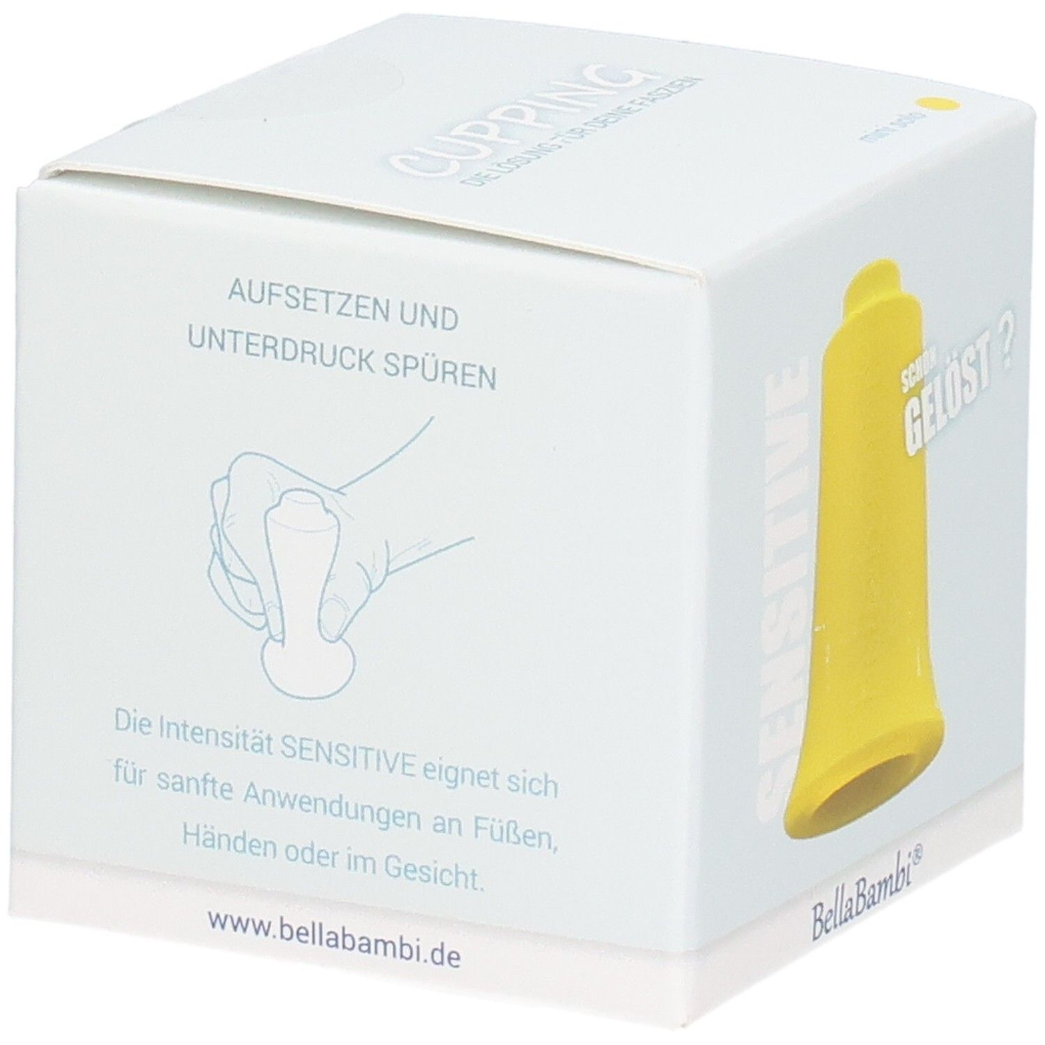Emballage blanc avec ventouse jaune. Illustration : main, ventouse. Texte : Appliquer et sentir la dépression. www.bellabambi.de