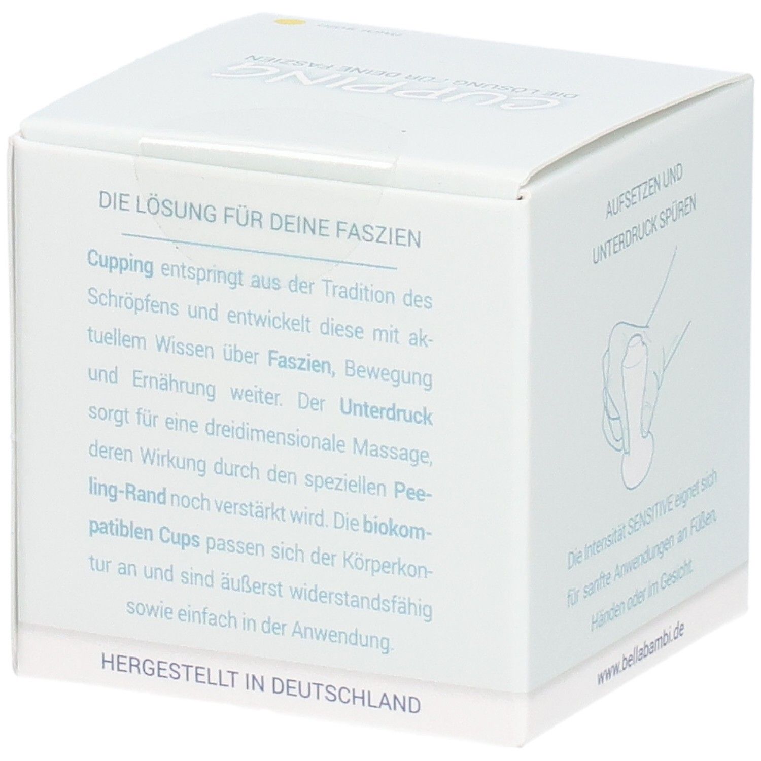 Emballage blanc avec texte. Texte : La solution pour vos fascias. Fabriqué en Allemagne. www.bellabambi.de. Illustration : main, ventouse.