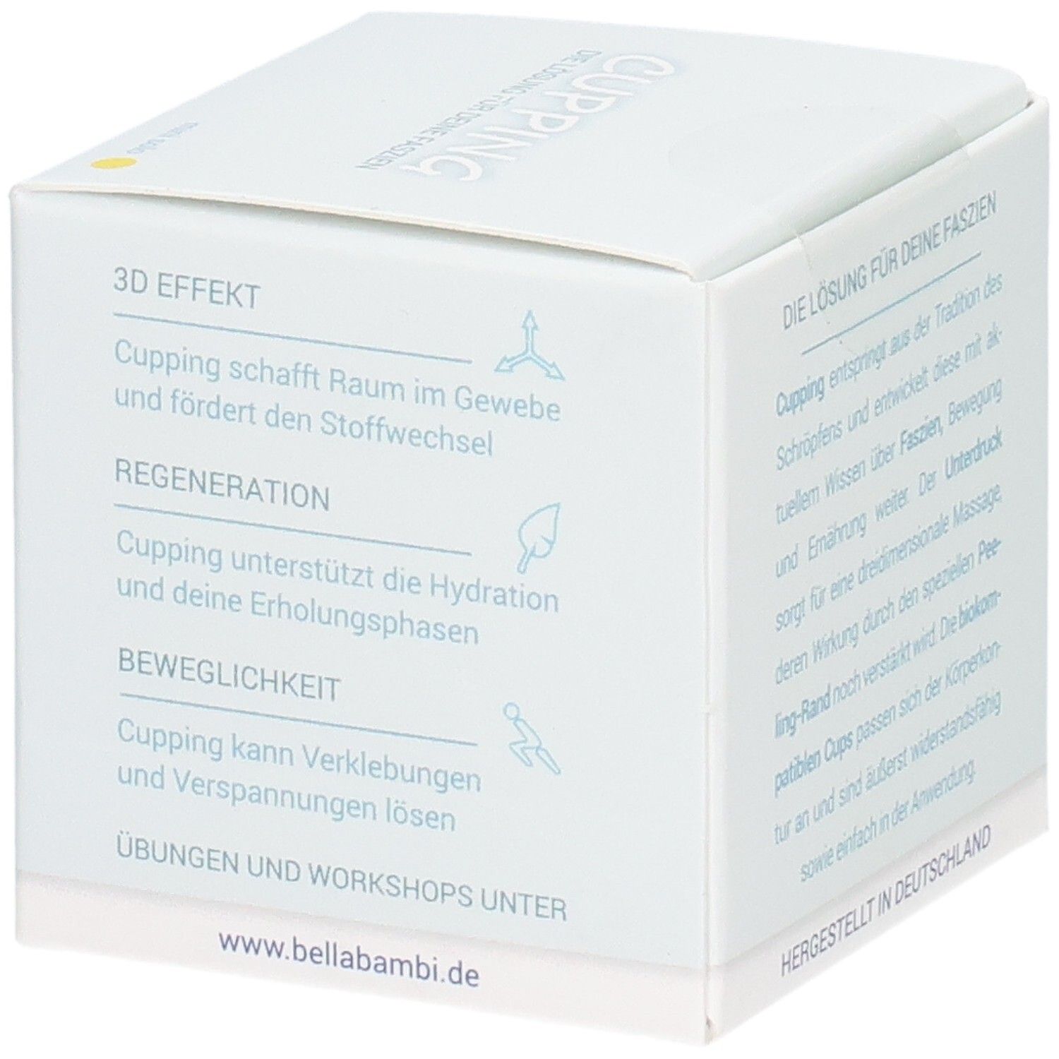 Emballage blanc avec texte. Texte : La solution pour vos fascias. Effet 3D, régénération, mobilité. www.bellabambi.de. Fabriqué en Allemagne.