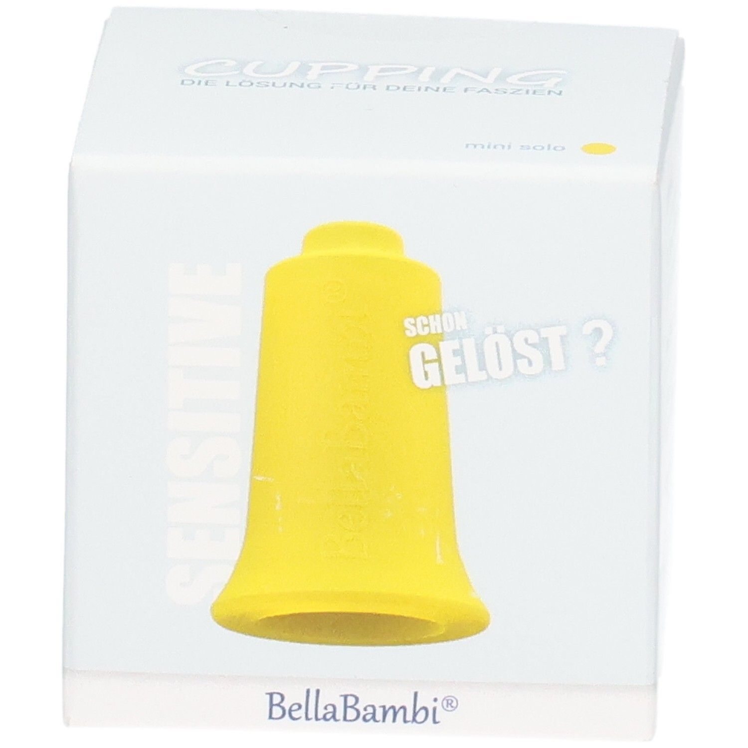 Ventouse jaune dans un emballage blanc. Inscription : Sensitive, BellaBambi. Texte : Cupping, la solution pour vos fascias. mini solo.