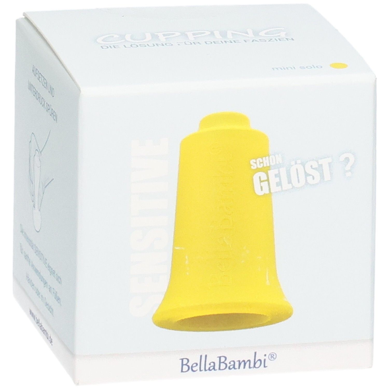 Ventouse jaune dans un emballage blanc. Inscription : Sensitive, BellaBambi. Texte : Cupping, la solution pour vos fascias. mini solo. Illustration : main, ventouse.
