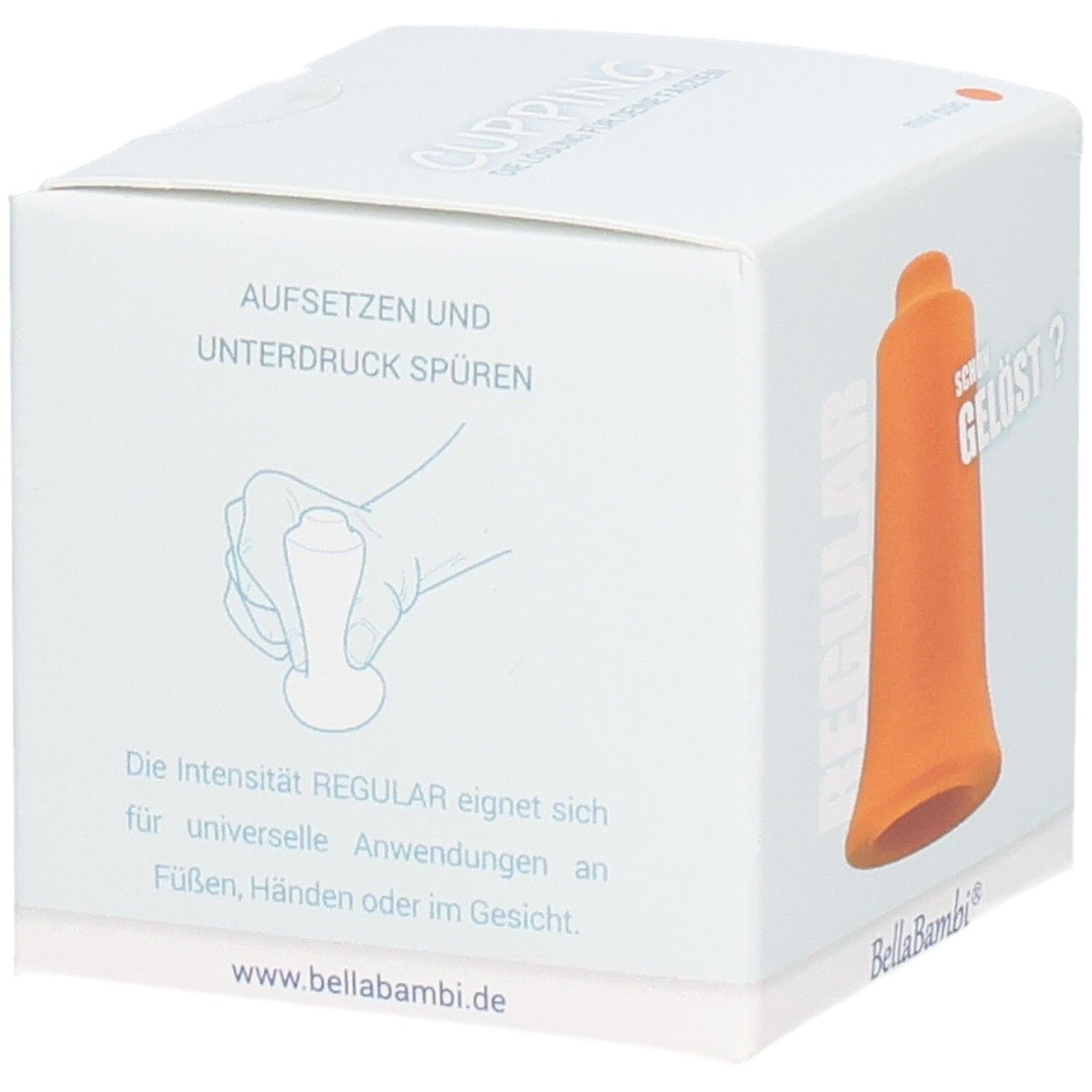 Emballage blanc avec ventouse orange. Texte: REGULAR, Bella Bambi, www.bellabambi.de.