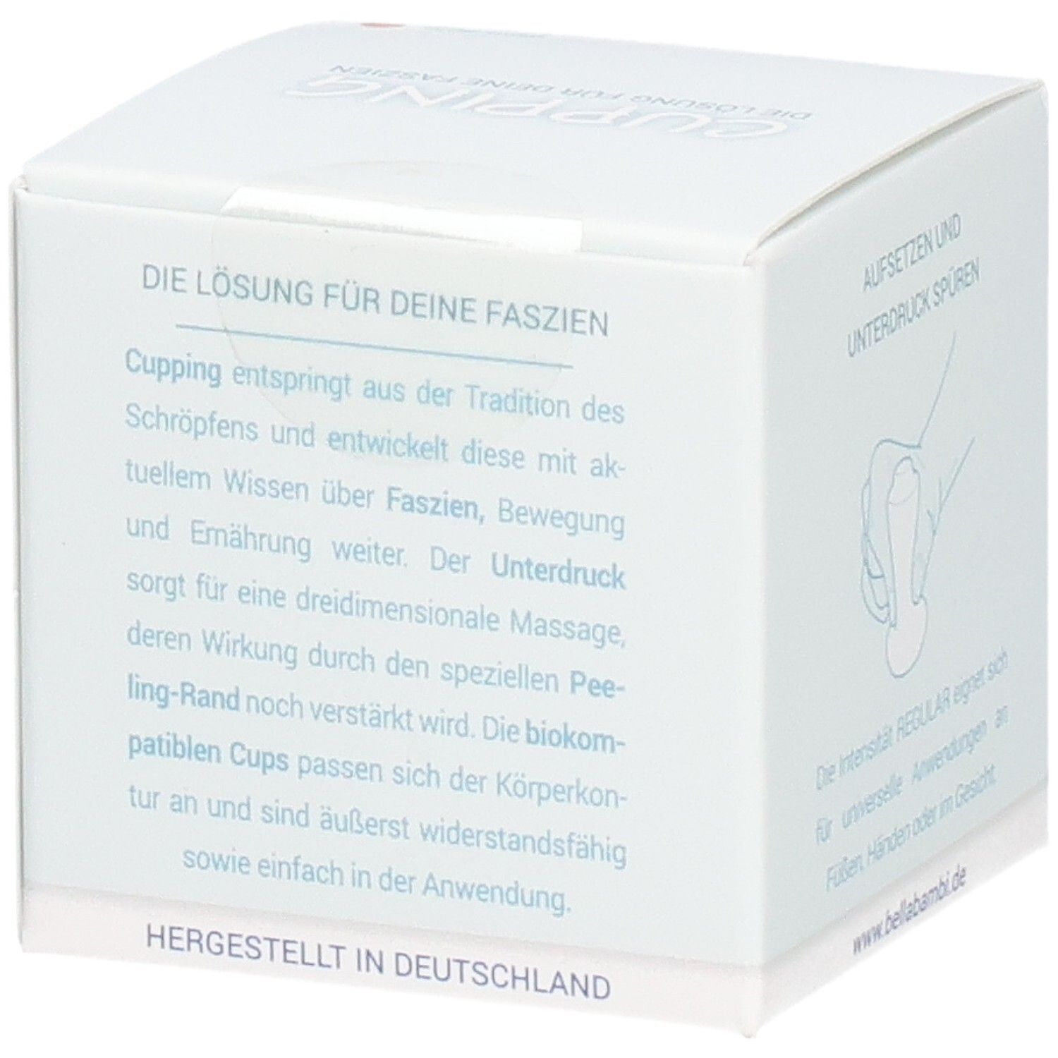 Emballage blanc avec texte. Texte: DIE LÖSUNG FÜR DEINE FASZIEN, HERGESTELLT IN DEUTSCHLAND, www.bellabambi.de.