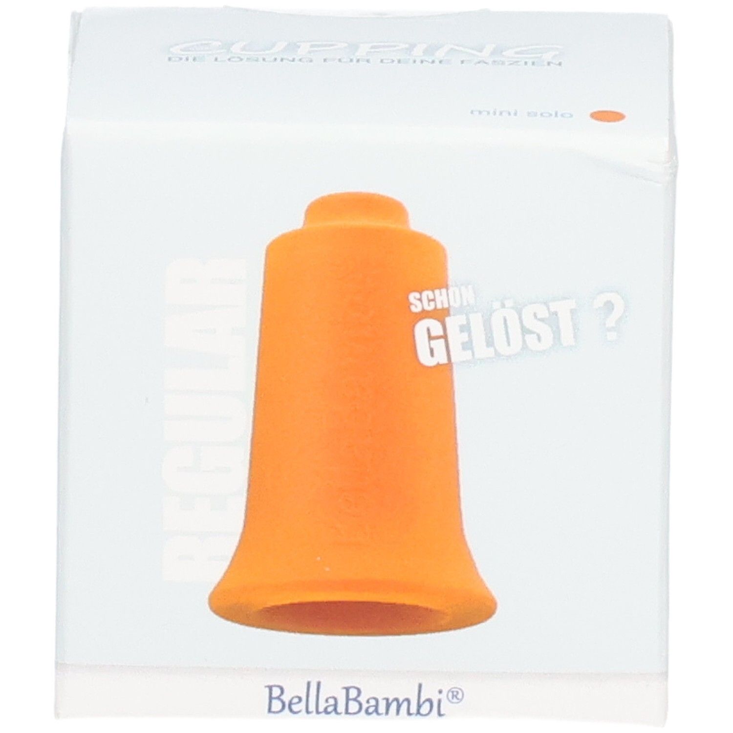 Ventouse mini orange dans un emballage blanc. Texte: REGULAR, SCHON GELÖST?, Bella Bambi.