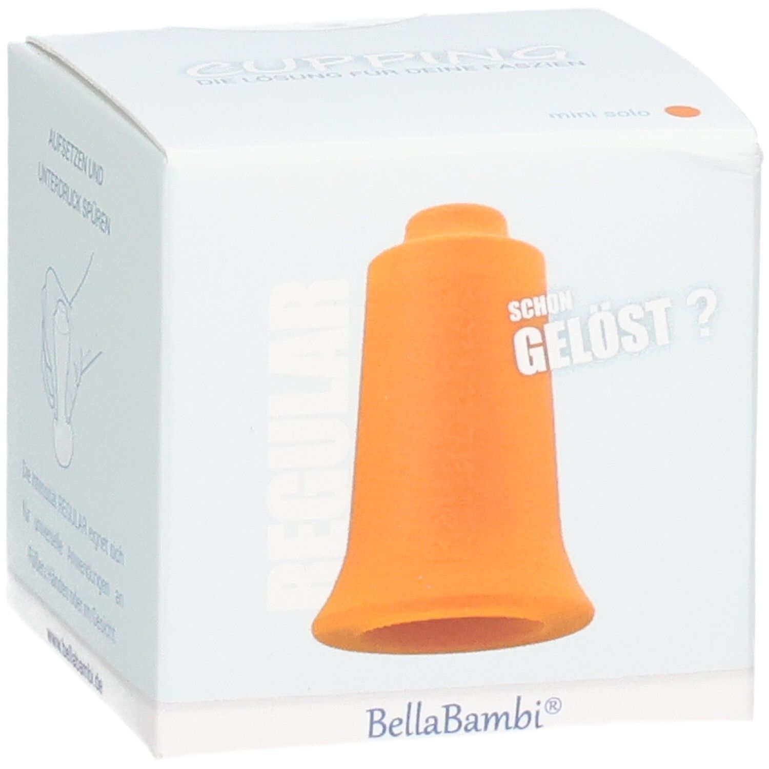 Emballage blanc avec ventouse orange. Texte: REGULAR, SCHON GELÖST?, Bella Bambi.