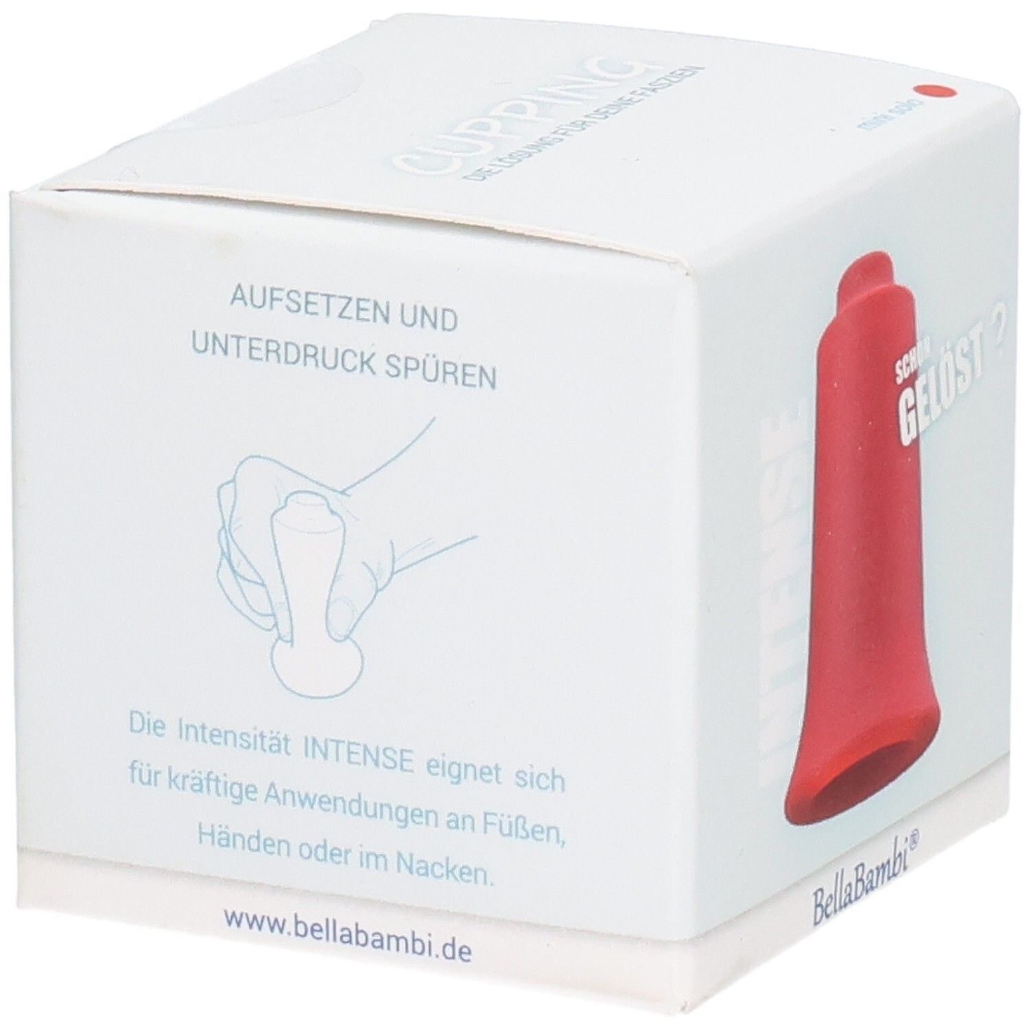 Emballage avec ventouse rouge mini. Inscription: BellaBambi. Illustration: main avec ventouse. Texte: Intense.