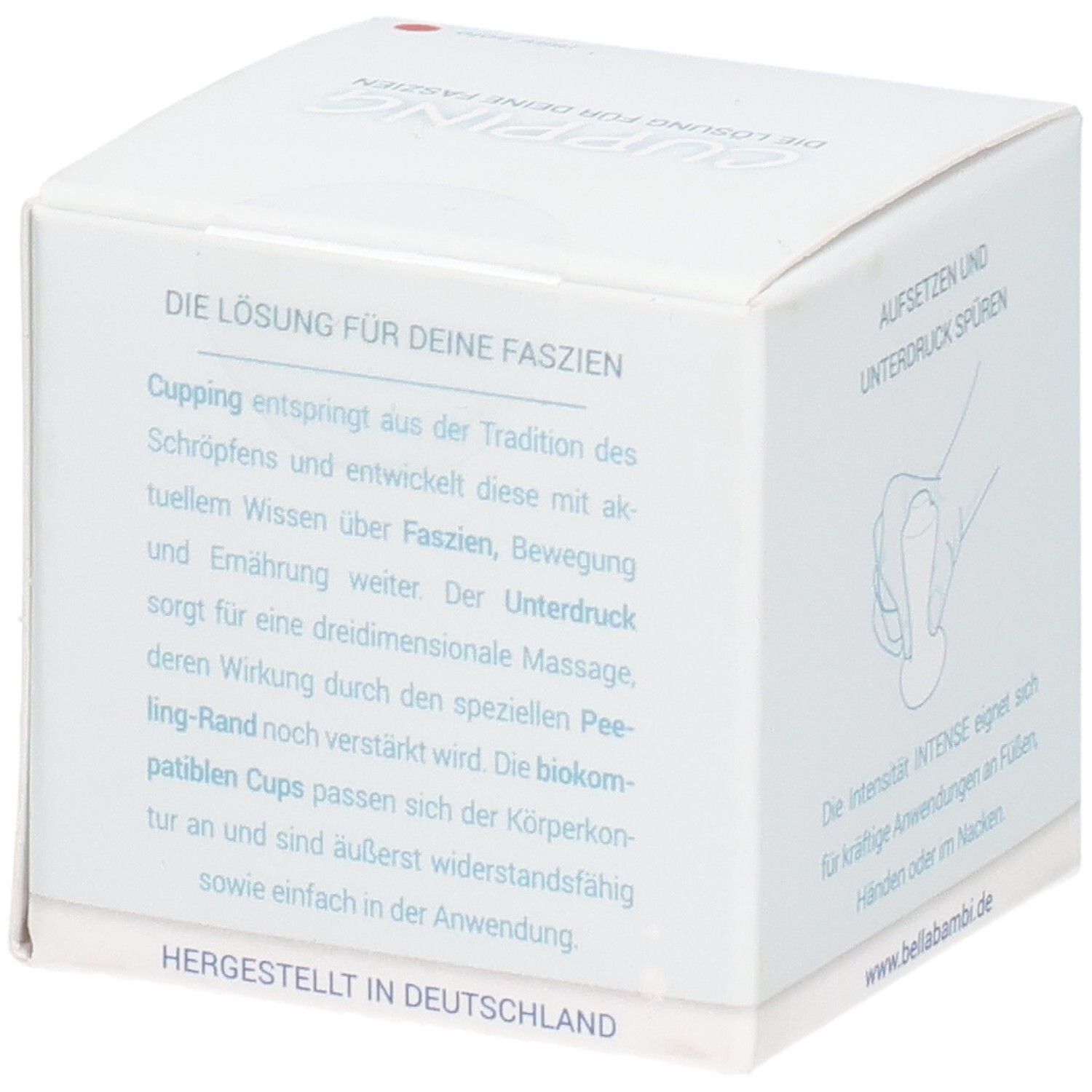 Emballage avec textes. Inscription: La solution pour vos fascias. Fabriqué en Allemagne. Sans image du produit.