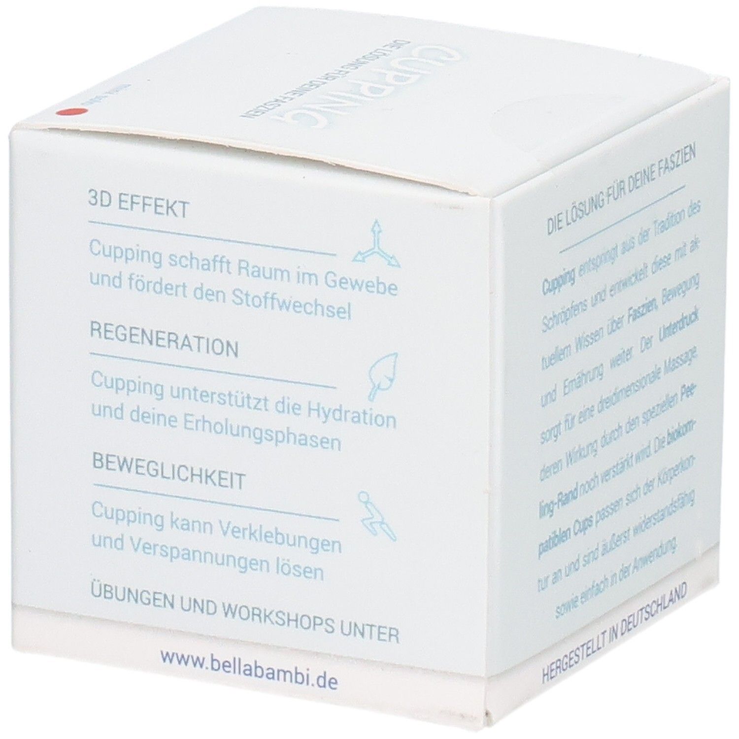 Emballage avec textes. Inscription: La solution pour vos fascias. Effet 3D, régénération, mobilité. Fabriqué en Allemagne.