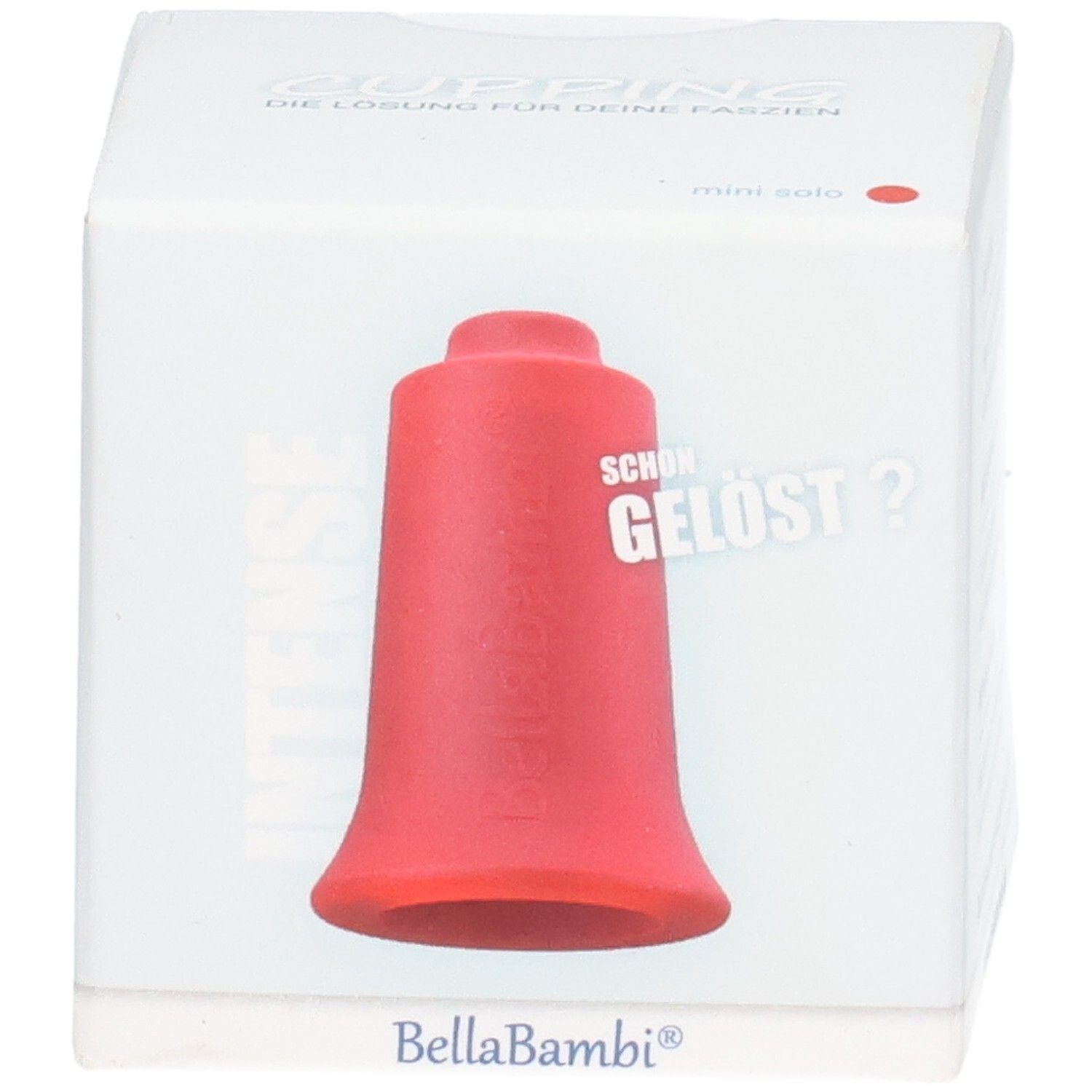 Ventouse rouge mini dans son emballage. Inscription: BellaBambi, mini solo. Image du produit et texte.