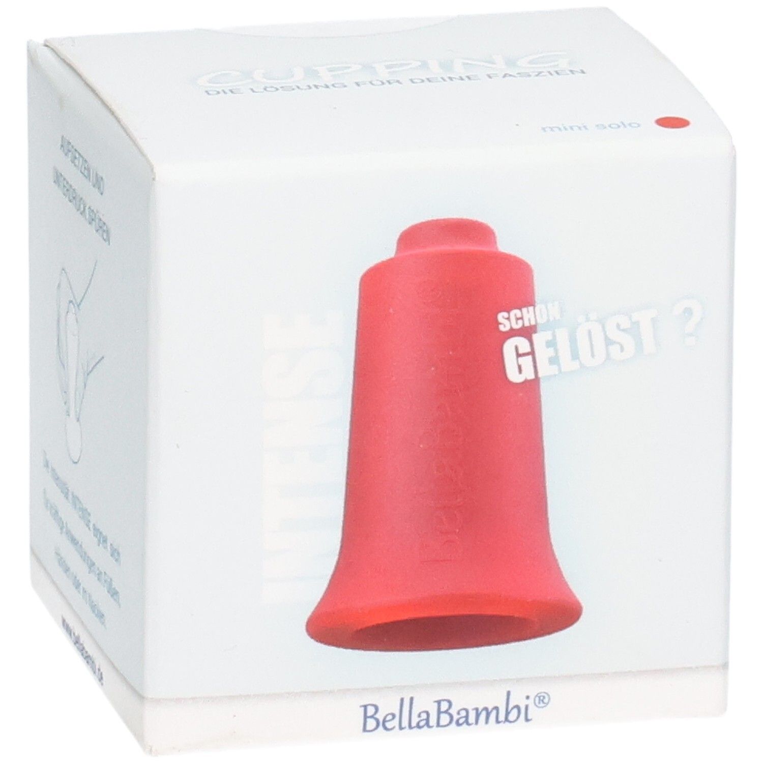 Emballage avec ventouse rouge mini. Inscription: BellaBambi, mini solo. Illustration: main avec ventouse.