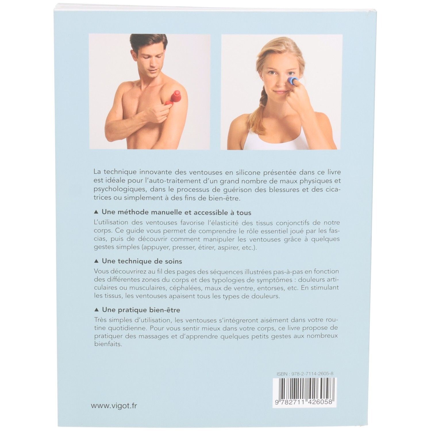 Buchrückseite mit Text und Bildern. Zwei Personen demonstrieren die Anwendung von Massagegeräten.