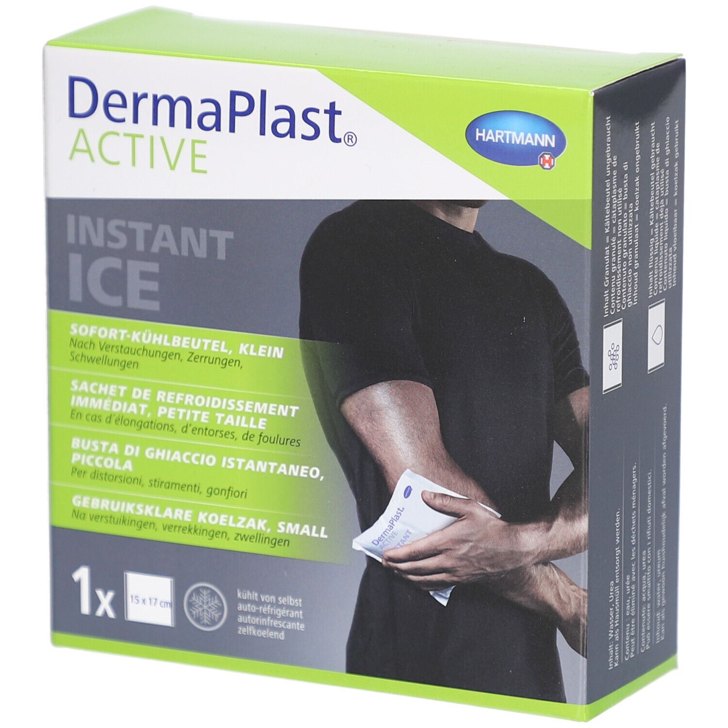 Schachtel mit DermaPlast Active Instant Ice. Zeigt eine Person mit Eisbeutel. 15x17cm. Hartmann Logo.