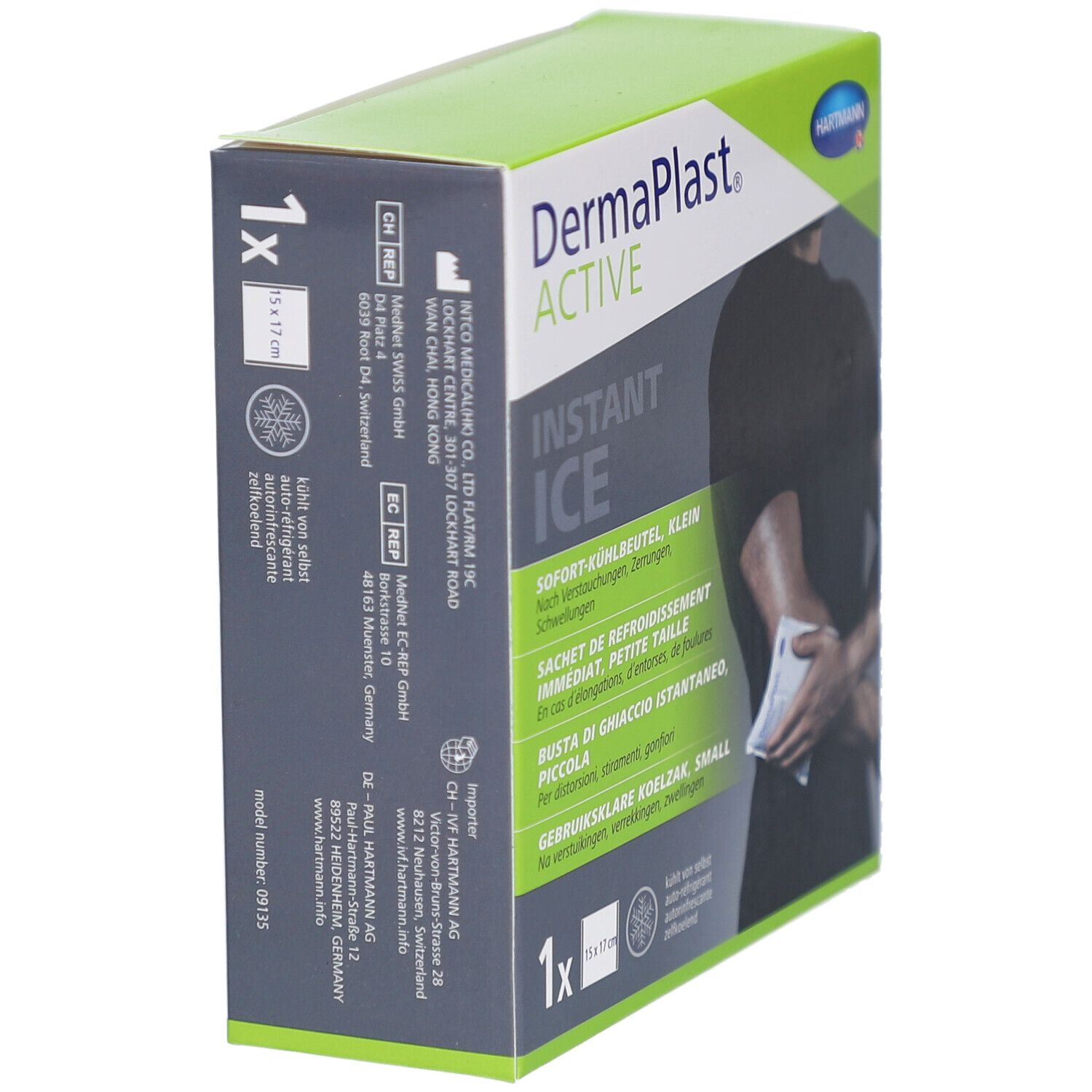 Schachtel DermaPlast Active Instant Ice. Seitenansicht. 1x Packung. Herstellerinformationen. Hartmann Logo.