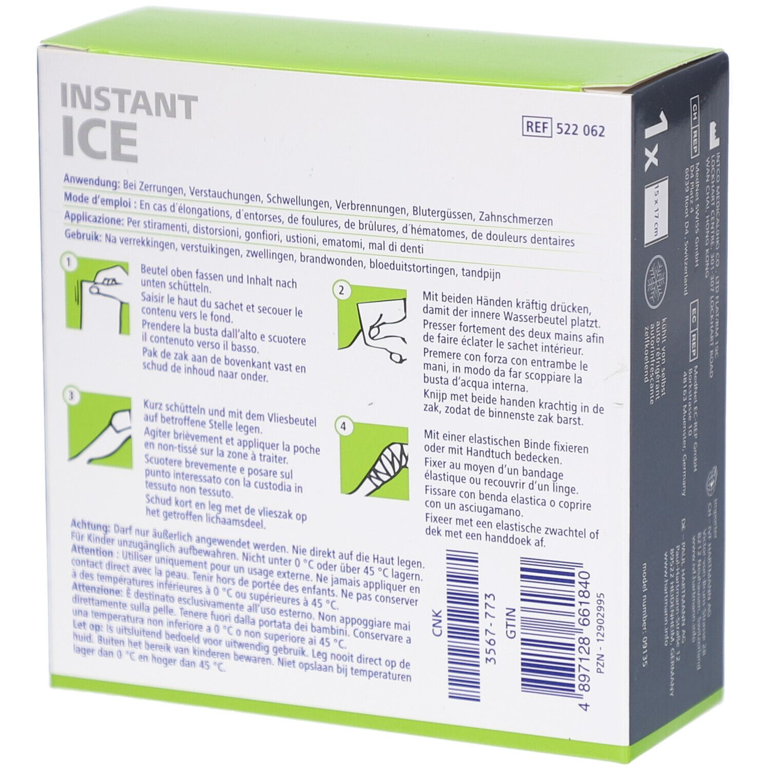 Rückseite der Schachtel DermaPlast Active Instant Ice. Anwendungshinweise in mehreren Sprachen.