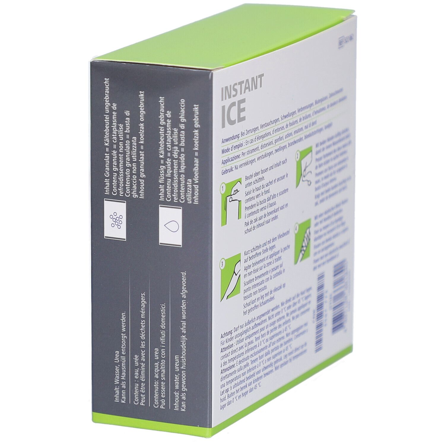 Seite der Schachtel DermaPlast Active Instant Ice. Grafische Darstellungen. Inhaltsangaben.