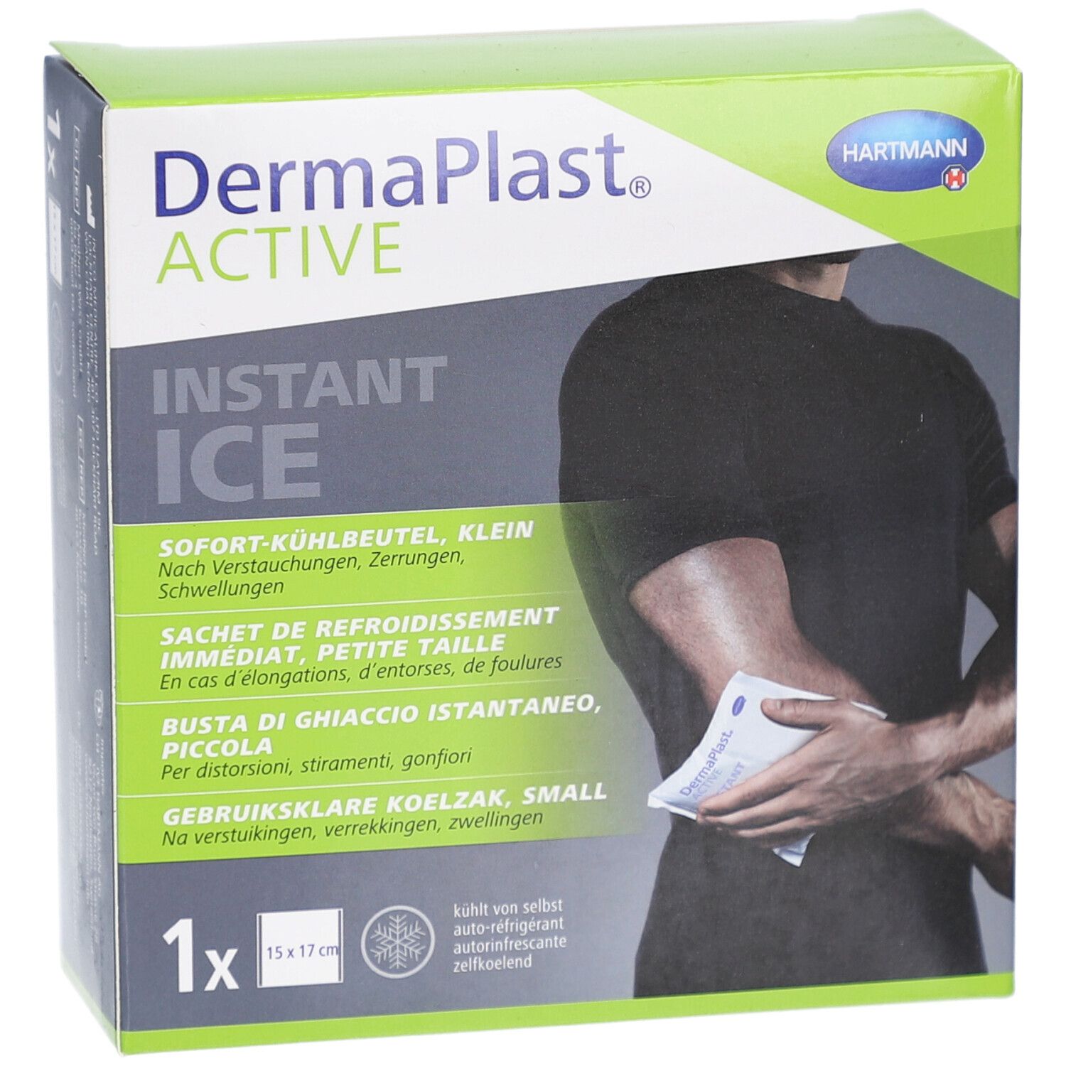 Schachtel DermaPlast Active Instant Ice. Zeigt eine Person mit Eisbeutel. 15x17cm. Hartmann Logo.