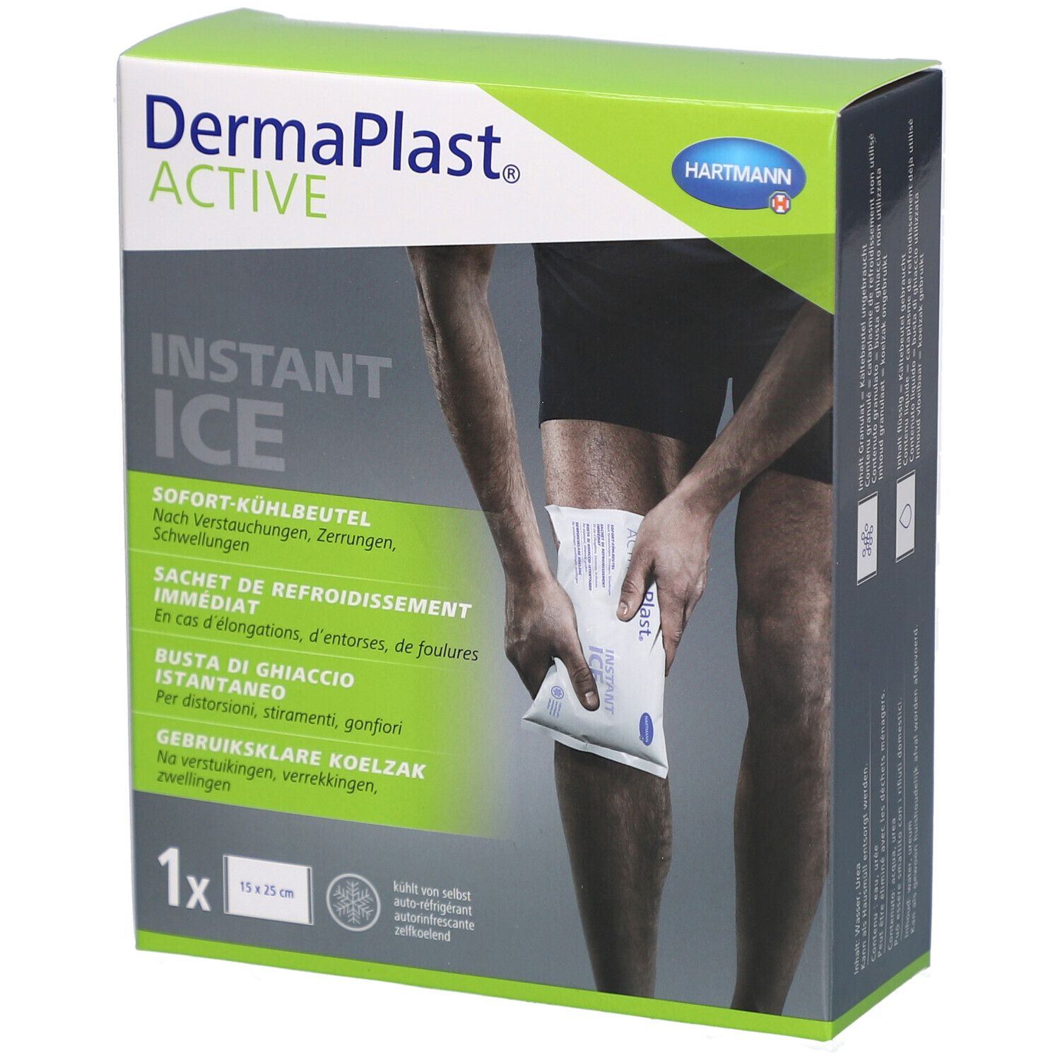 Verpackung von DermaPlast Active Instant Ice. Box mit Produktabbildung und Anwendung am Bein. 15 x 25 cm.